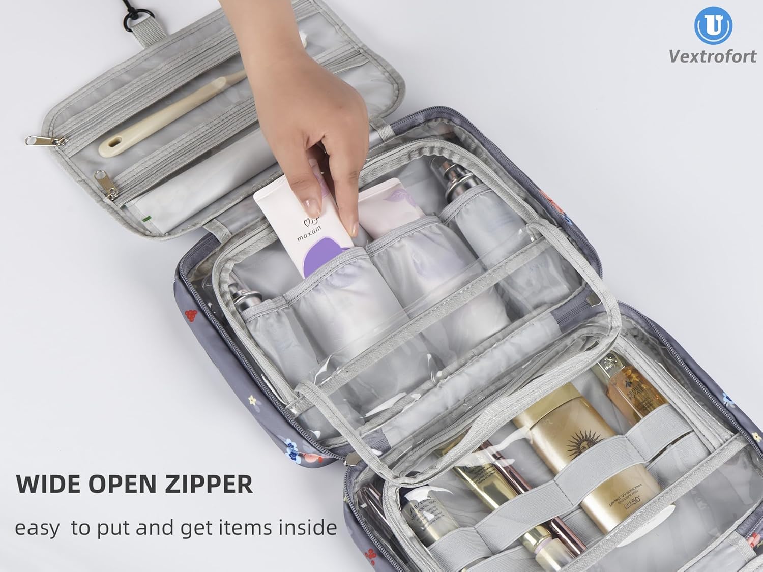 Neceser para mujer, bolsa de maquillaje de viaje colgante grande, resistente al agua para artículos de tocador, cosméticos, cepillos, Flor gris-V2,