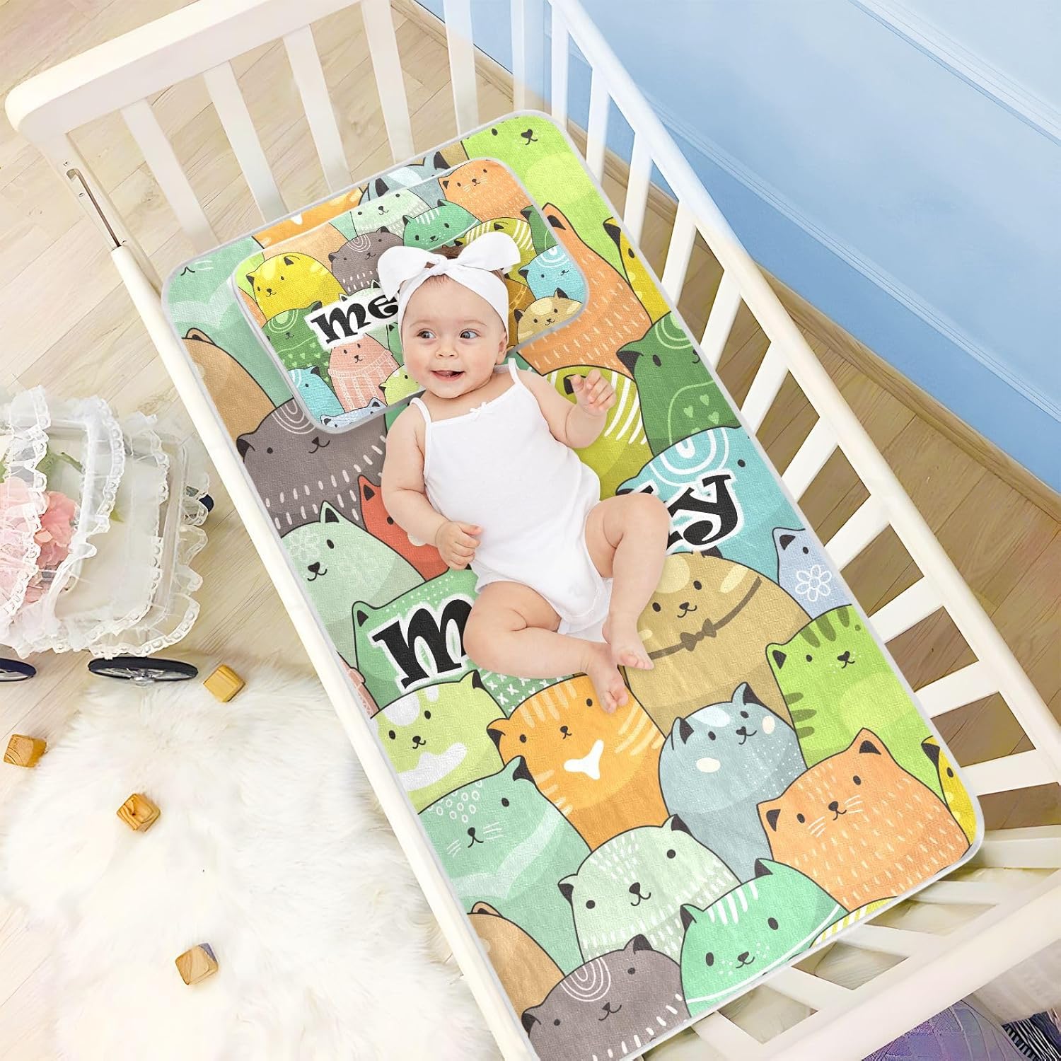 Protector de colchón personalizado para cuna de gatos para niños y niñas, tapete de seda de hielo, sábanas de corralito de juego, colchoneta de