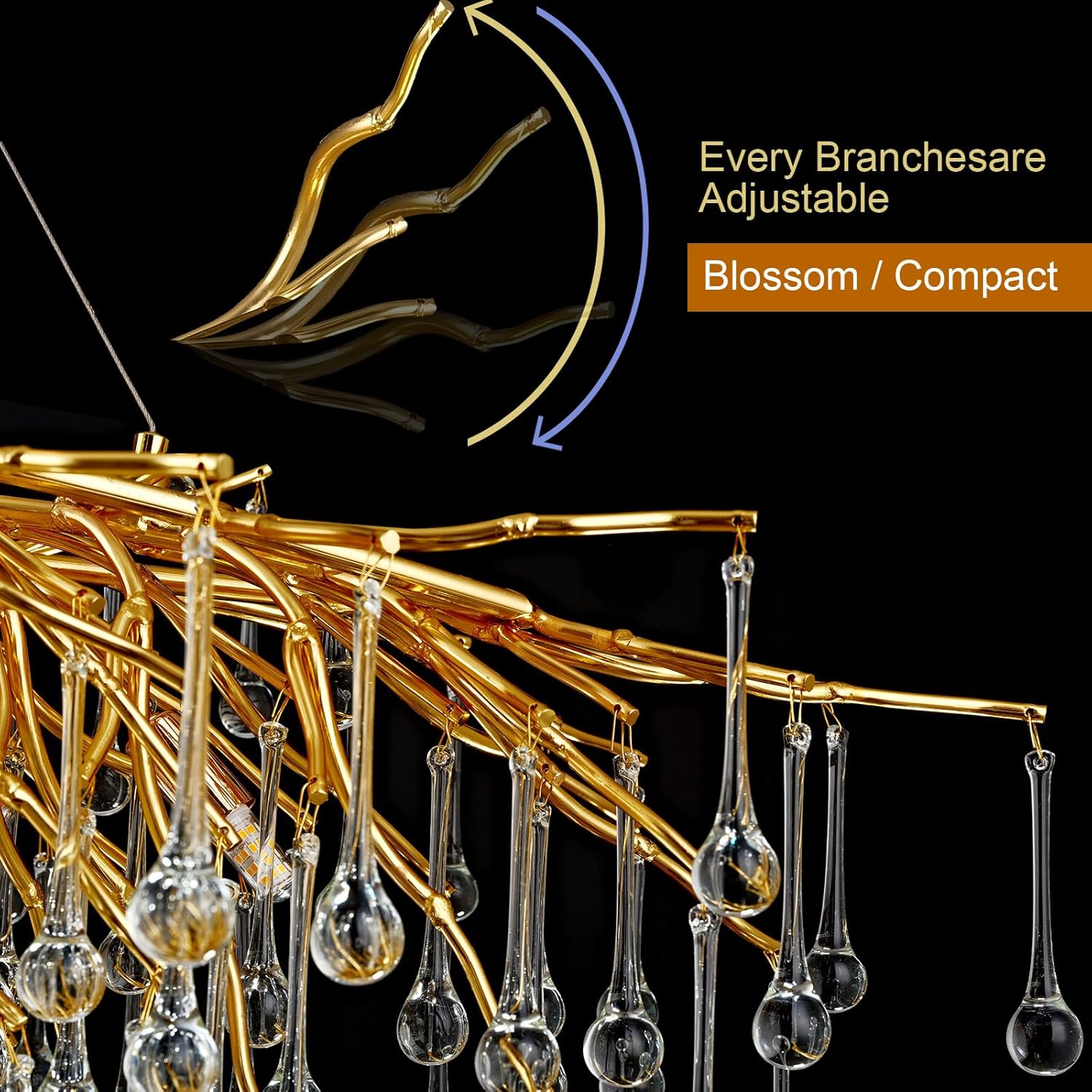 Candelabro de cristal dorado, lámpara de rama de árbol de 47 pulgadas, lámpara rectangular para comedor, lámpara sobre mesa, gota de lluvia, lámpara
