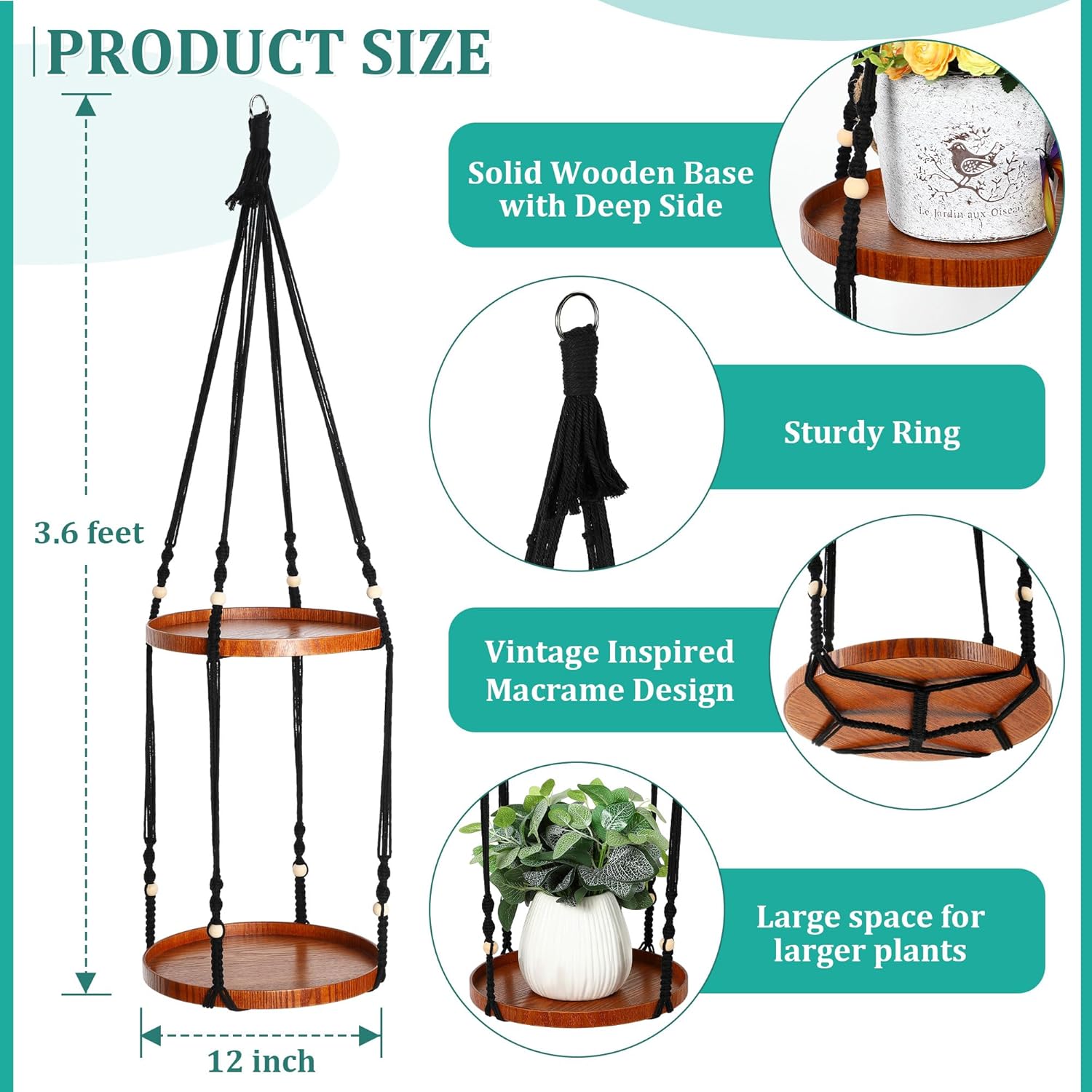 Hiboom Colgador de plantas de 2 niveles para interiores y exteriores, con 2 bandejas de madera maciza, estante colgante de macramé para decoración