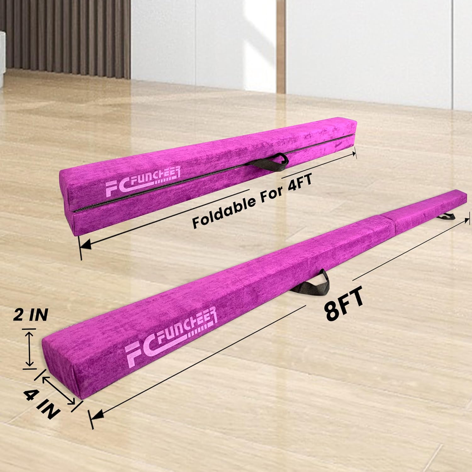 Viga de equilibrio plegable de 8 pies, haz de gimnasia, haz de piso con núcleo de madera, parte inferior antideslizante, cubierta de gamuza