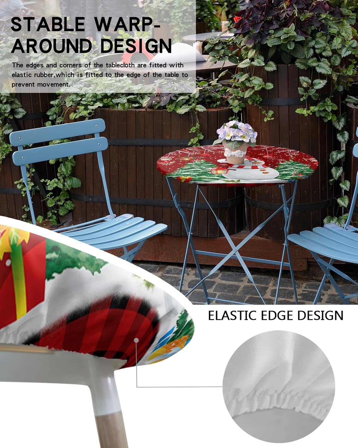 Mantel redondo ajustable con diseño de muñeco de nieve de dibujos animados para mesas de comedor, mantel con bordes elásticos, árboles de Navidad de