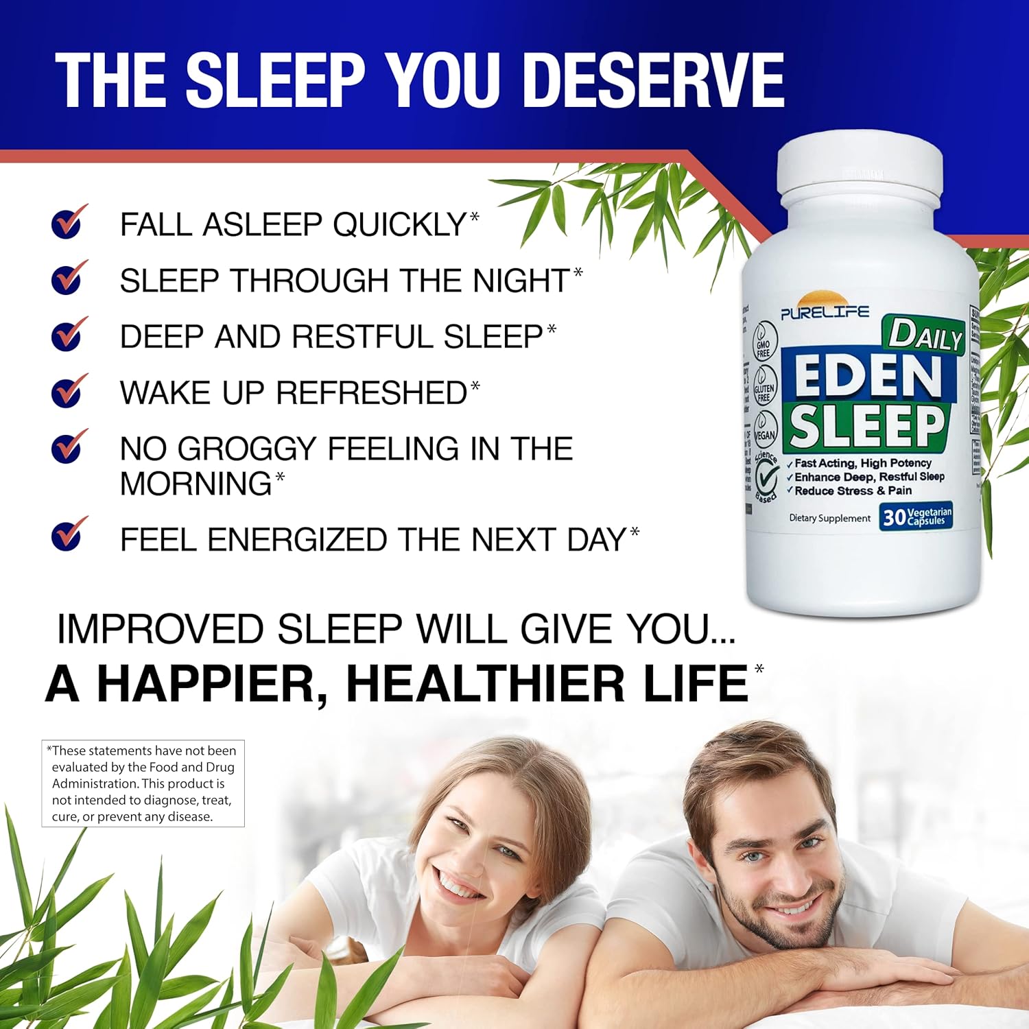 Eden Daily Sleep Nueva fórmula libre de GABA  Duerme más rápido, relaja tus músculos, promueve un sueño profundo y reparador (30 cápsulas veganas)