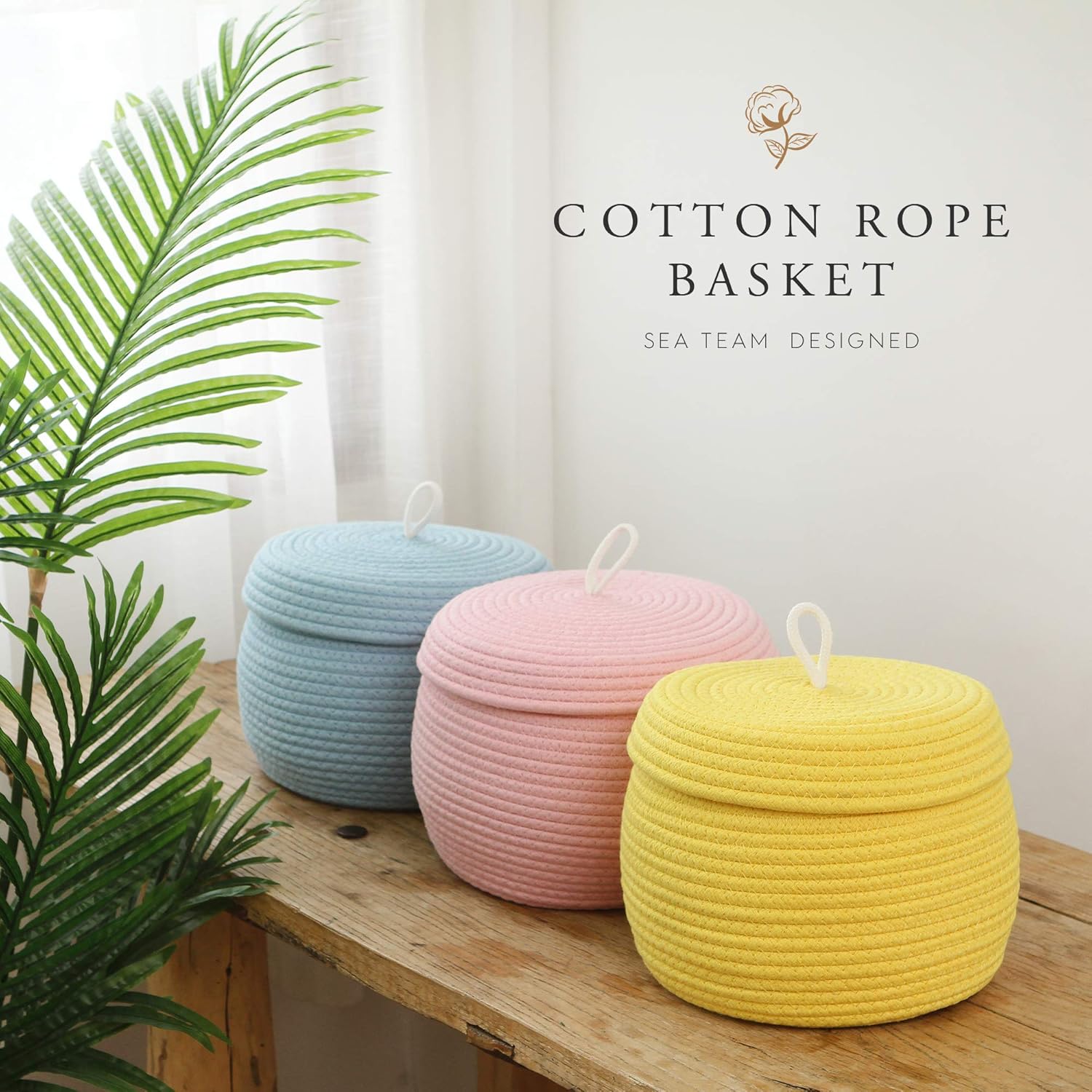 Sea Team Cesta redonda de almacenamiento de cuerda de algodón con tapa, contenedor de almacenamiento tejido decorativo, maceta, organizador para