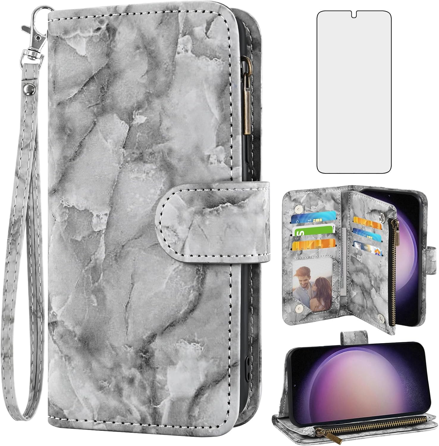 Asuwish Funda de teléfono para Samsung Galaxy S23 5G Wallet Cell Cover con protector de pantalla de vidrio templado y soporte de ranura para tarjeta