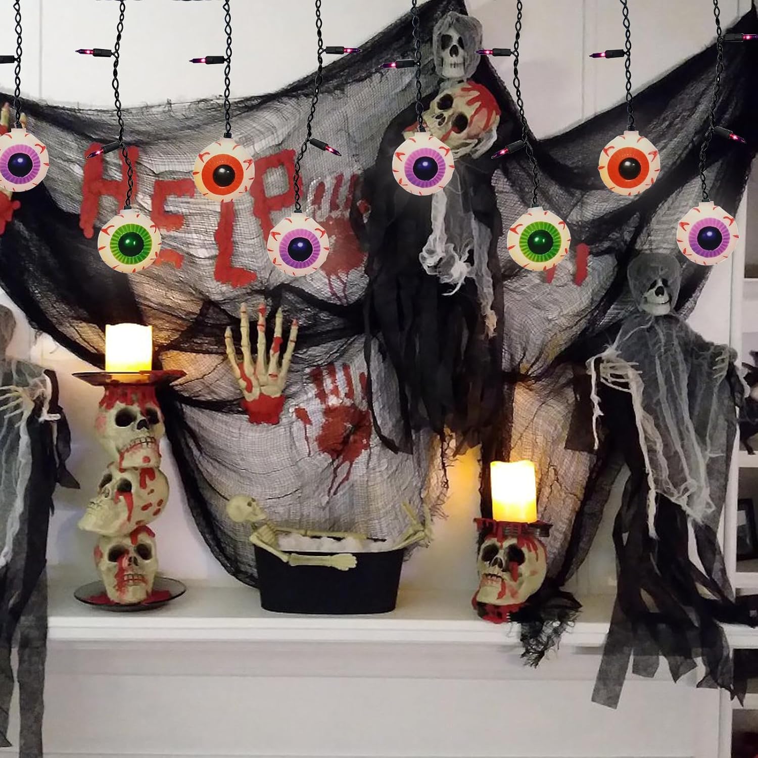 Luces decorativas de Halloween, tira de luces de globo ocular de Halloween de 7 pies con 10 luces espeluznantes de globo ocular, 15 mini bombillas
