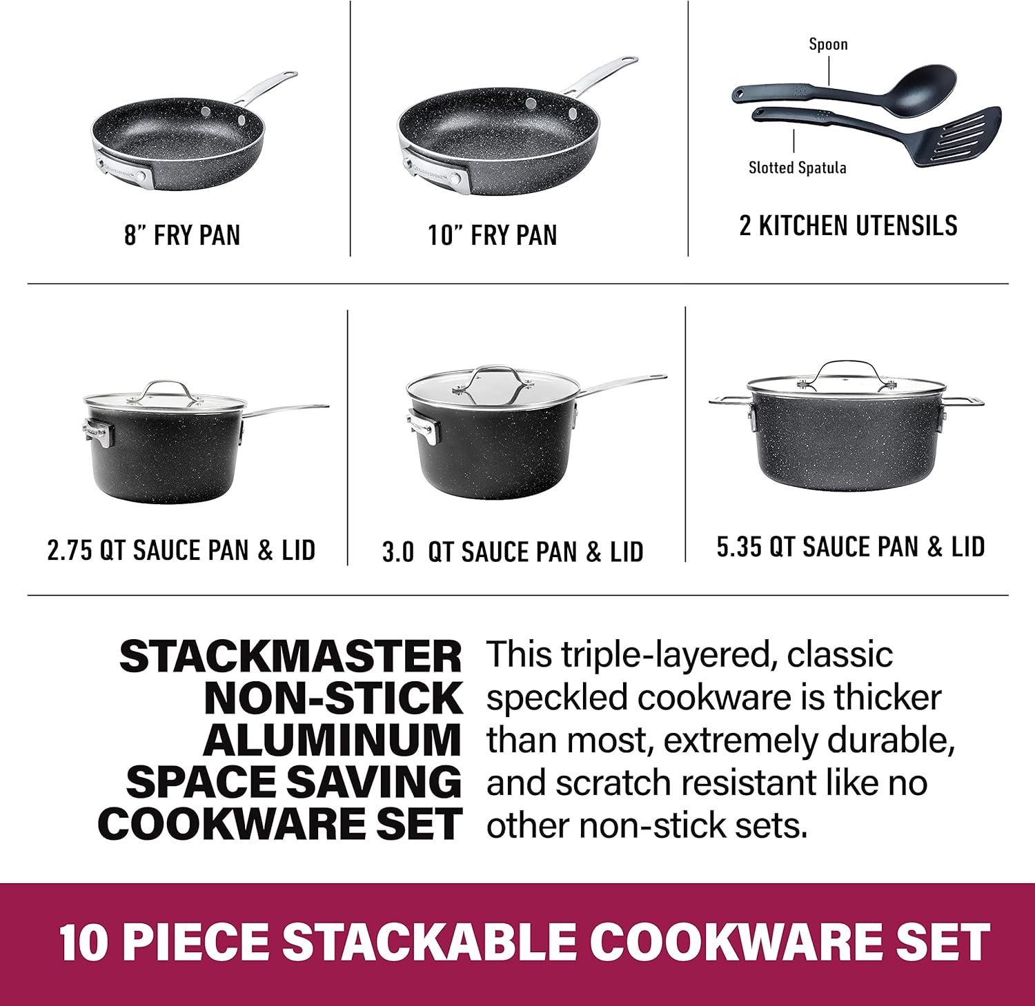 Granitestone Juego de ollas y sartenes apilables antiadherentes, 10 piezas que ahorran espacio, juego completo de utensilios de cocina con