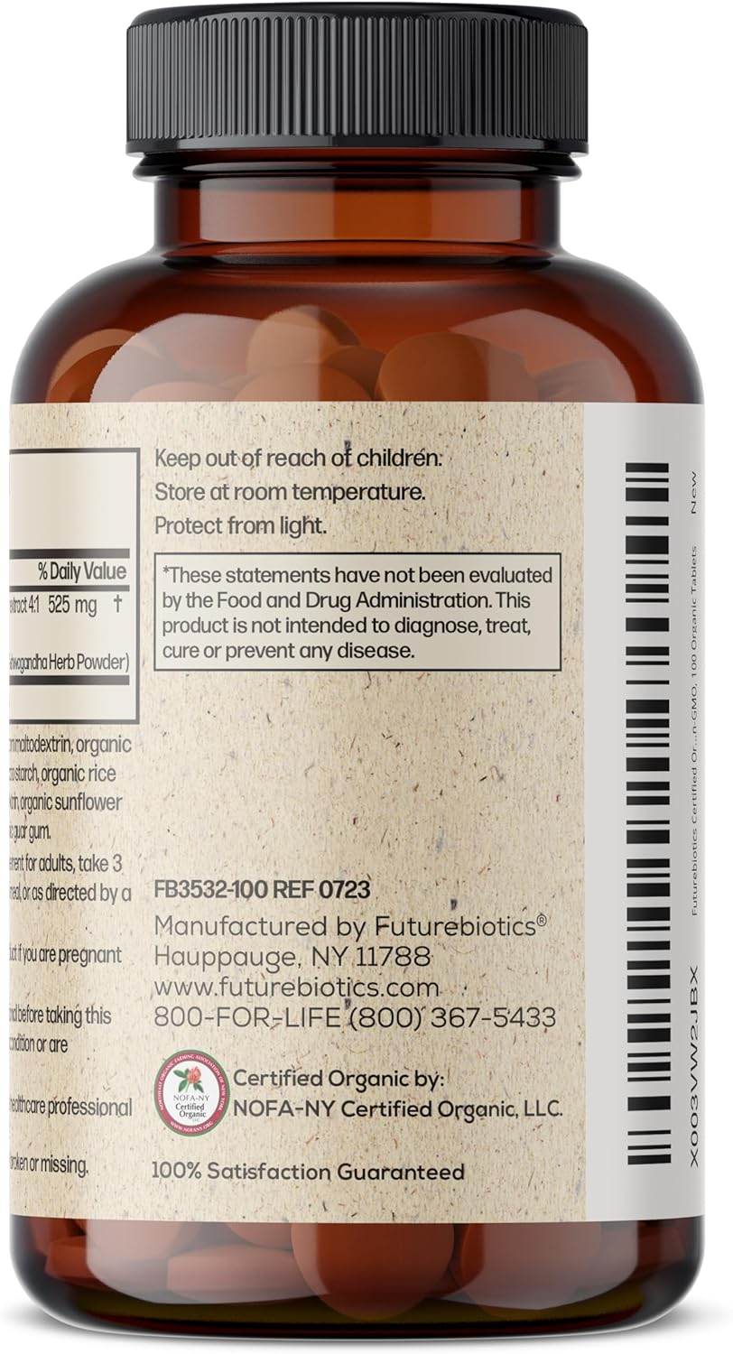 Futurebiotics Ashwagandha orgánica certificada, hierba adaptogénica de apoyo al estrés y energía, sin OMG, 100 tabletas orgánicas