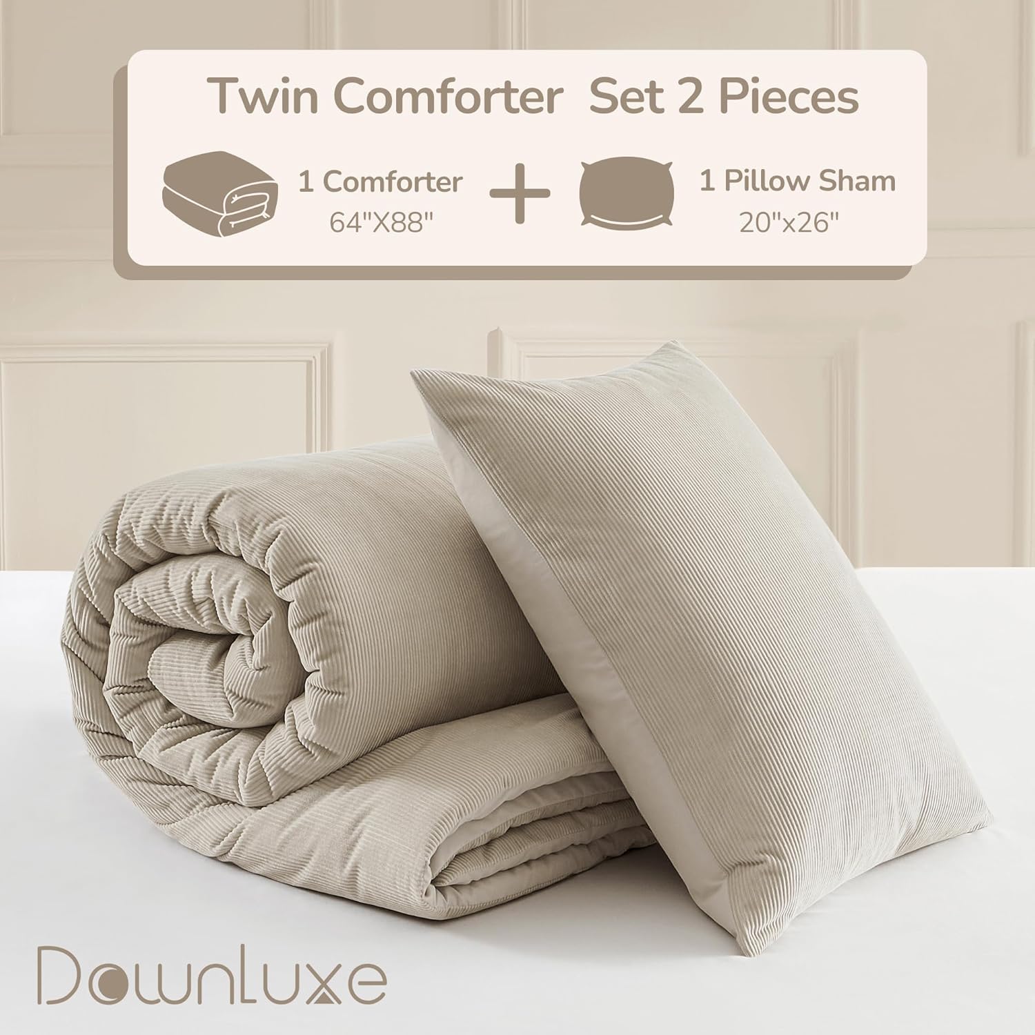 downluxe Juego de edredón de pana tamaño individual color beige, 2 piezas de edredón de pana de poliéster ultrasuave para niños, juego de edredón