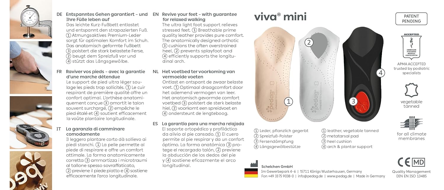 Pedag Viva Mini  Insertos de soporte de arco de cuero 34  Hecho a mano en Alemania  Alivio de la fascitis plantar  Cojín del talón  Soporte
