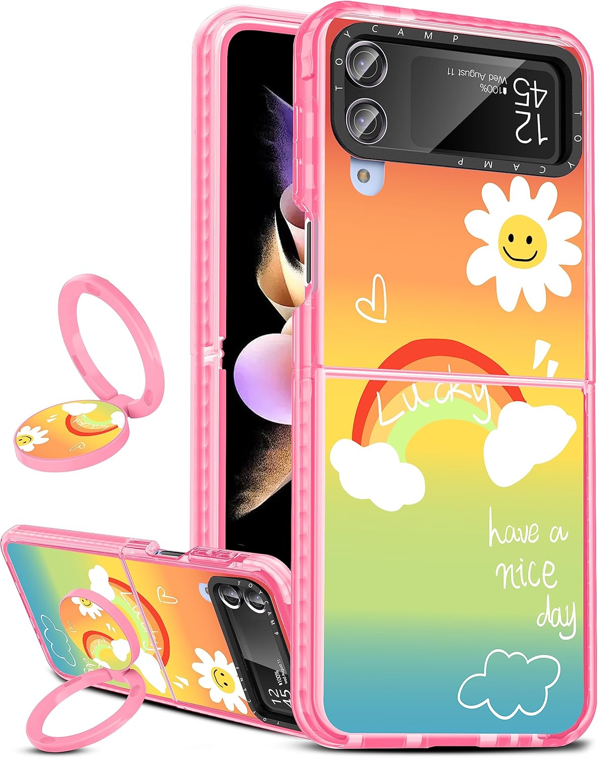 Toycamp Funda para Samsung Galaxy Z Flip 4 con soporte para anillo, bonita funda retro con diseño de arco iris y sol, diseño colorido de dibujos