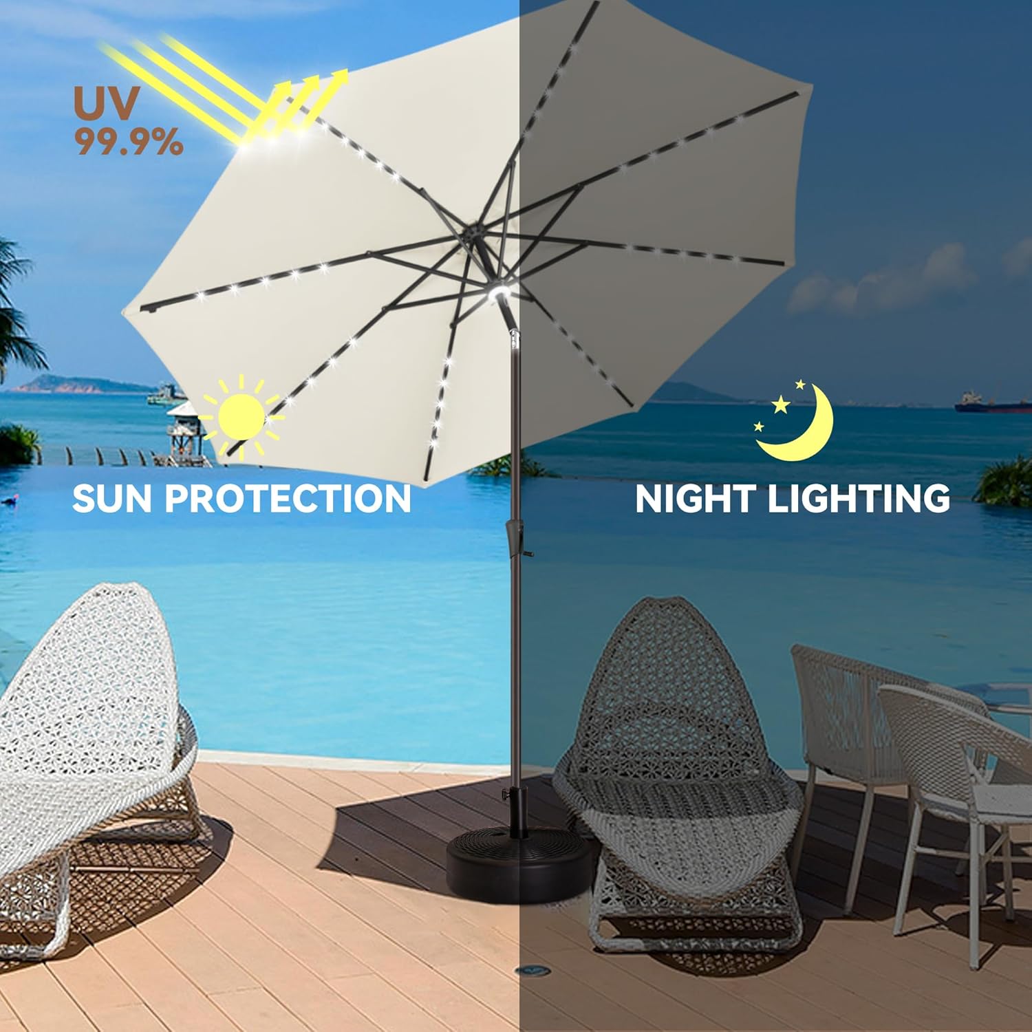 uHousDeco Sombrilla solar LED de 10 pies para patio y playa, impermeable y resistente al óxido, poste de acero marfil