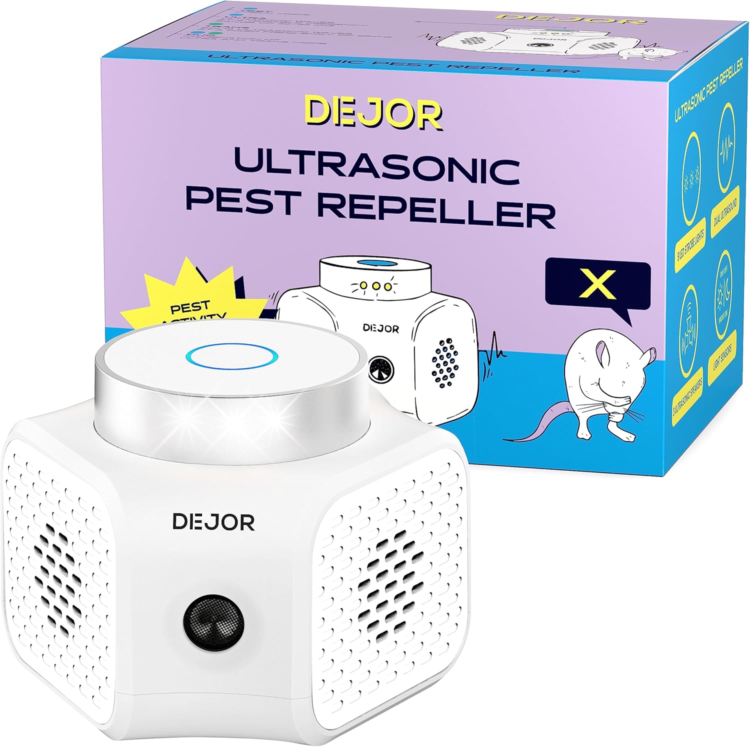 DEJOR Repelente ultrasónico de plagas para interiores, repelente de ratones para casa, roedores, ratones, ratas, disuasorios, ardillas, murciélagos