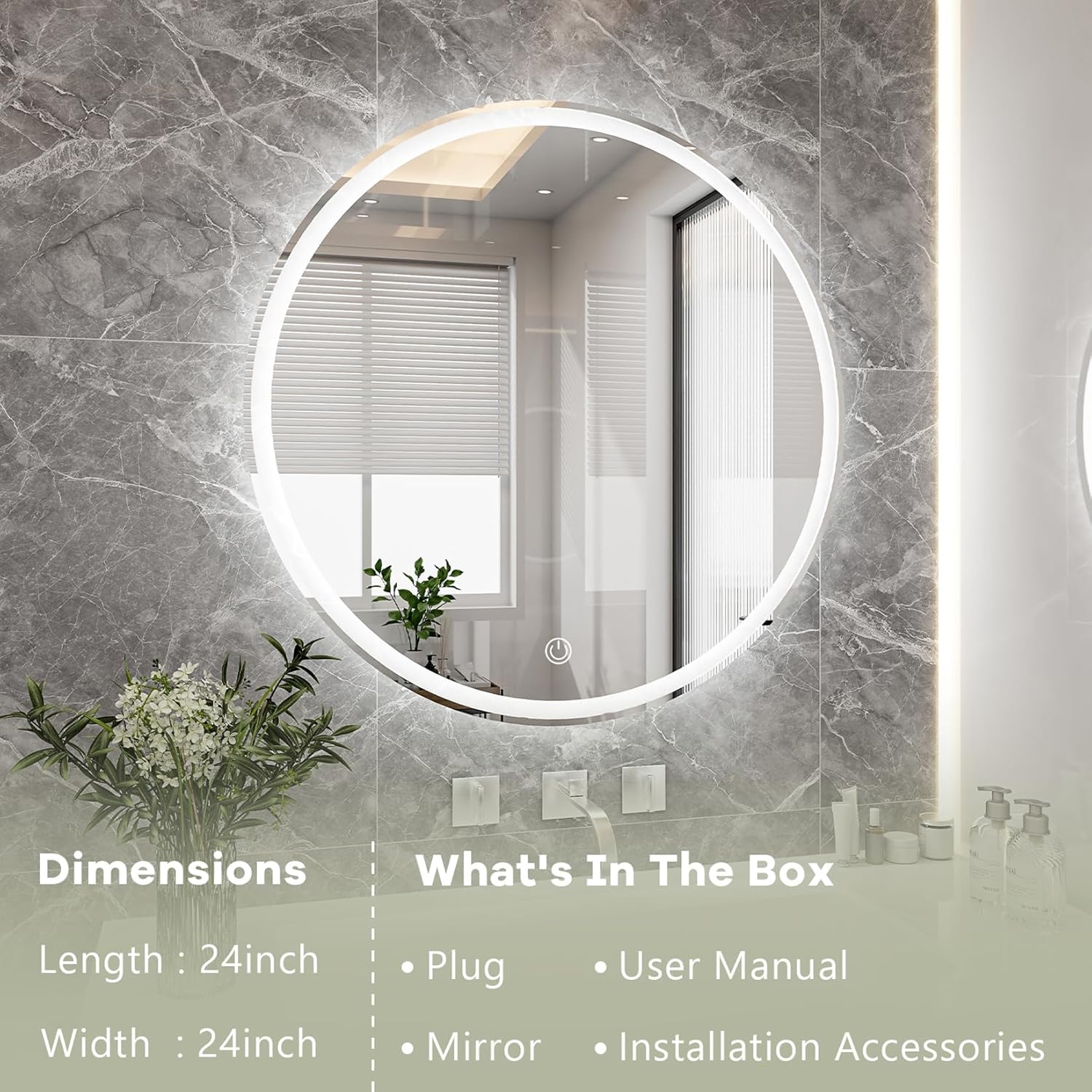 Espejo redondo de tocador con luces de 24 pulgadas para baño, espejos circulares iluminados con película inastillable para decoración de pared,