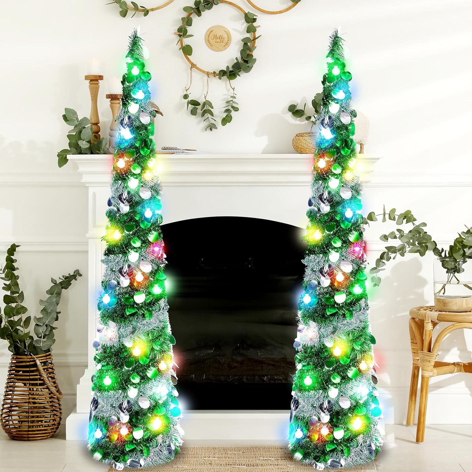 Sosation 2 piezas de árbol de 5 pies para el día de San Patricio preiluminado, árbol plegable artificial, plateado verde, árboles de oropel delgado
