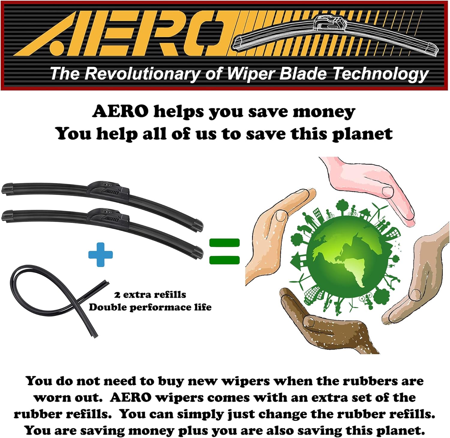 AERO Avenger – Limpiaparabrisas prémium de 26 pulgadas + 22 pulgadas para todas las estaciones con repuestos adicionales, repuesto de equipo
