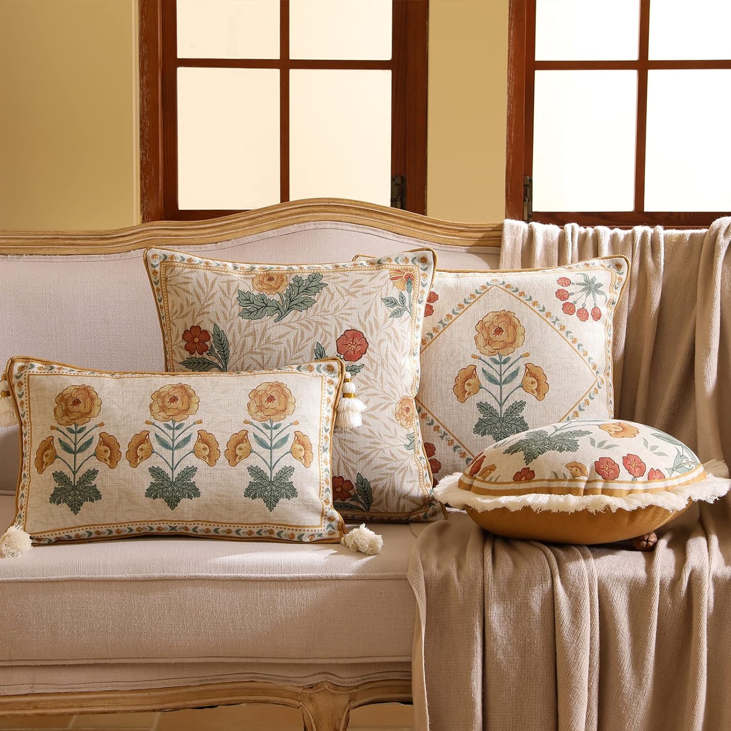 patdrea Paquete de 4 fundas de almohada de diseño, fundas de almohada de lino suave francés vintage con patrón floral de margaritas, funda de