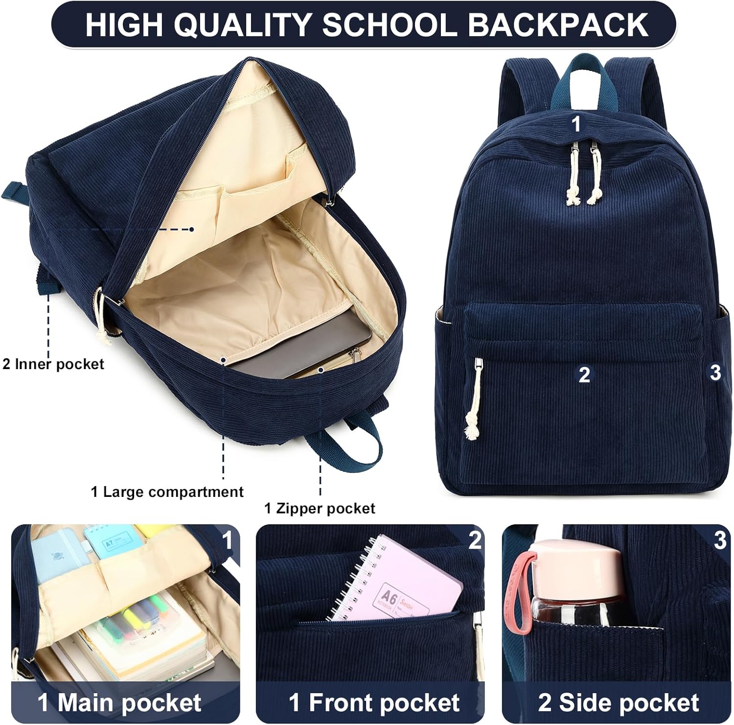 Bluboon Mochila para niña y mujer, mochila escolar para computadora portátil, mochila de viaje, mochila floral, Pana Azul, Mochila de pana