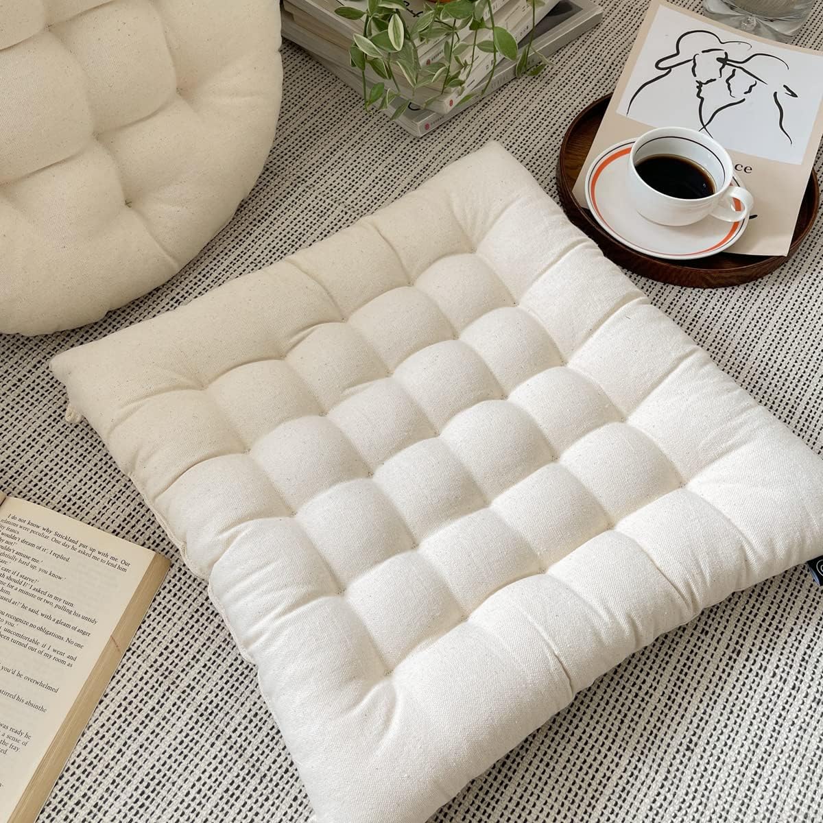 Lemfux Cojín de asiento blanco natural de tela reciclada para silla de oficinaescritorio, suave y grueso material sostenible, cojín cuadrado simple