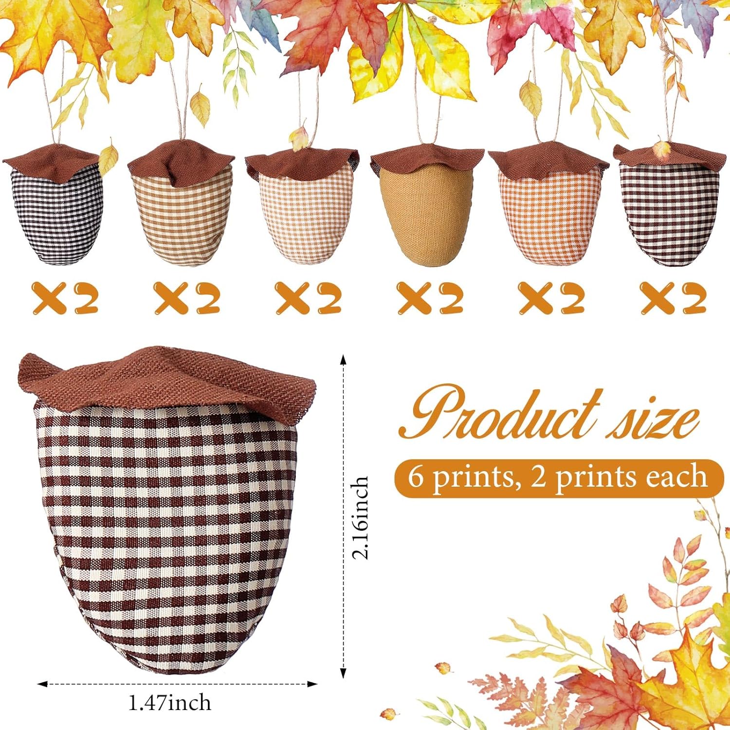 12 piezas de decoración de otoño de Acción de Gracias, tela a cuadros, bellotas y calabazas, adornos colgantes de bandeja de otoño, decoración de