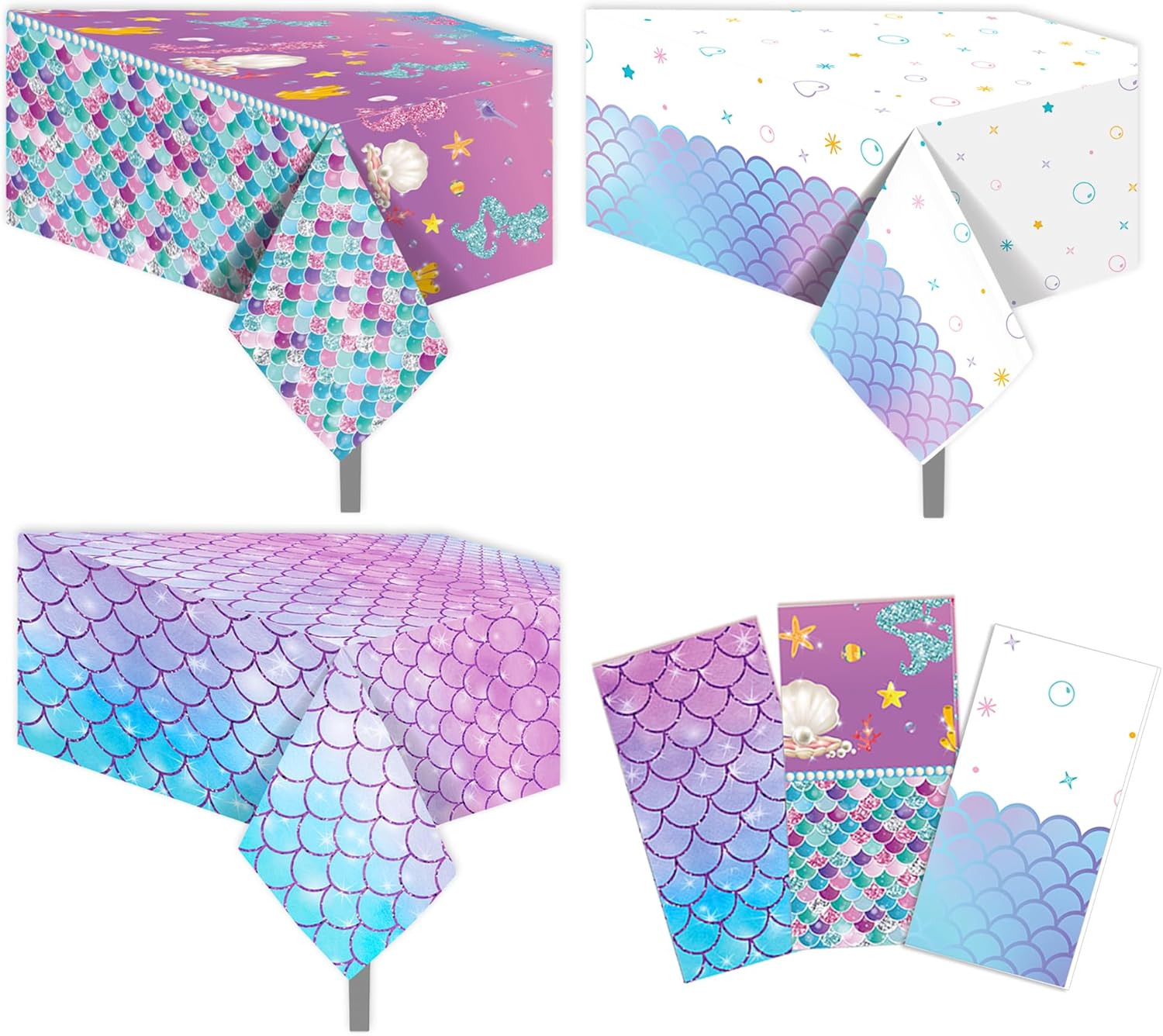 Mantel de sirena para fiesta de cumpleaños, 3 piezas, manteles de sirena con diferentes temas marinos para fiestas, suministros de decoración de