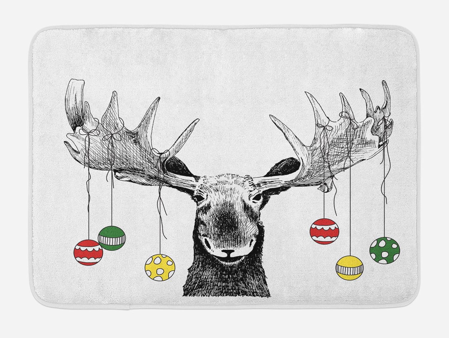 Tapete de baño de alce, alce de Navidad con bolas de adornos de Navidad, colgando de cuernos, divertido arte de bocetos de Noel, tapete de baño