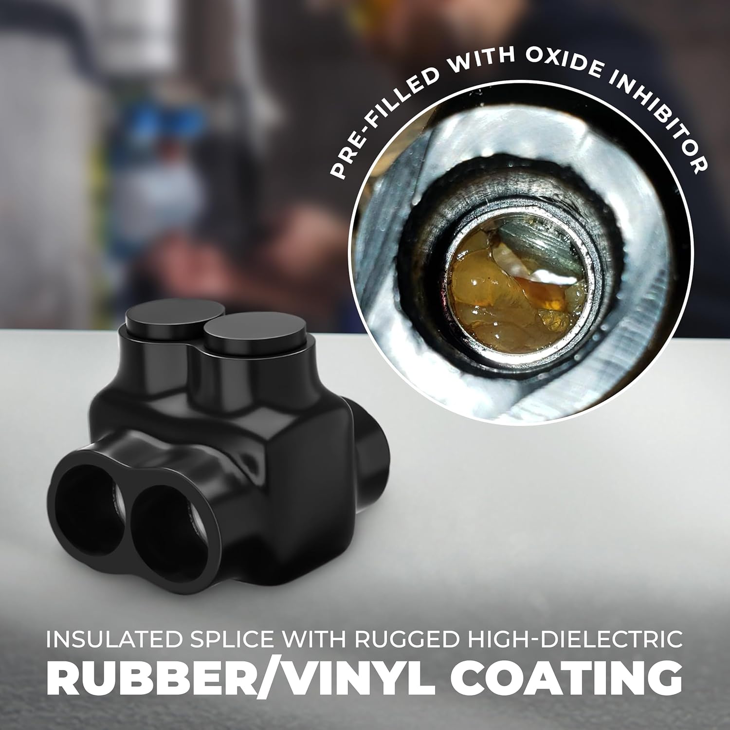 OhLectric Conector de empalme aislado negro con revestimiento de vinilo de goma con inhibidor de óxido prellenado, rango de cables 10-14, hexagonal