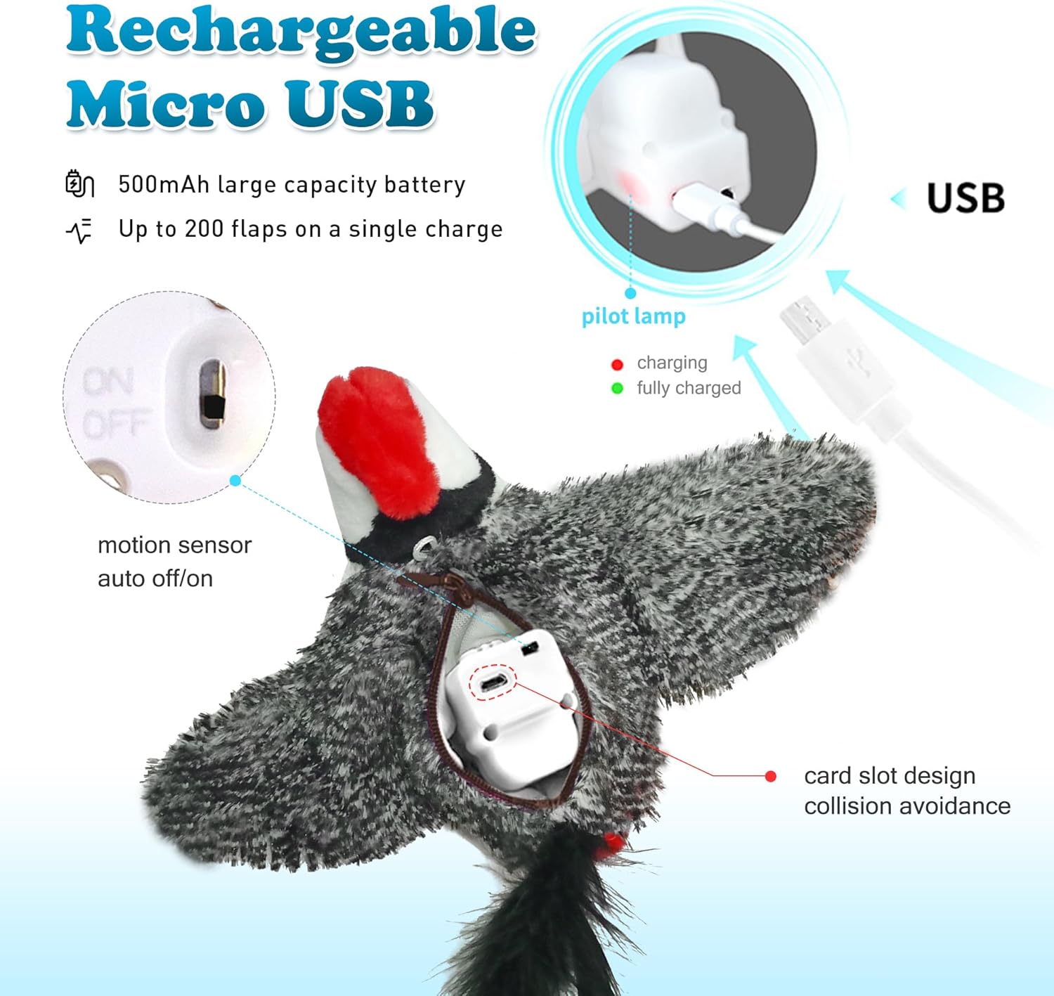 LEWISER Juguetes para gatos, alas aleteadas, lindo pájaro carpintero, no volar, chirrido, juguete interactivo de hierba gatera para gatitos o perros