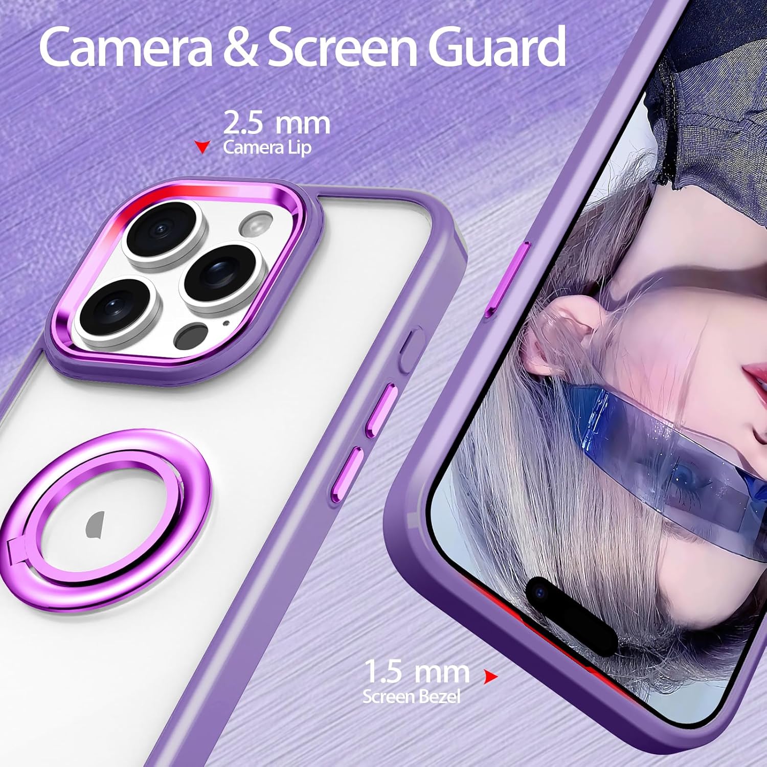 LONTECT Funda para iPhone 15 Pro con soporte de anillo a prueba de golpes, ajuste delgado, resistente a los arañazos, cristal transparente, funda