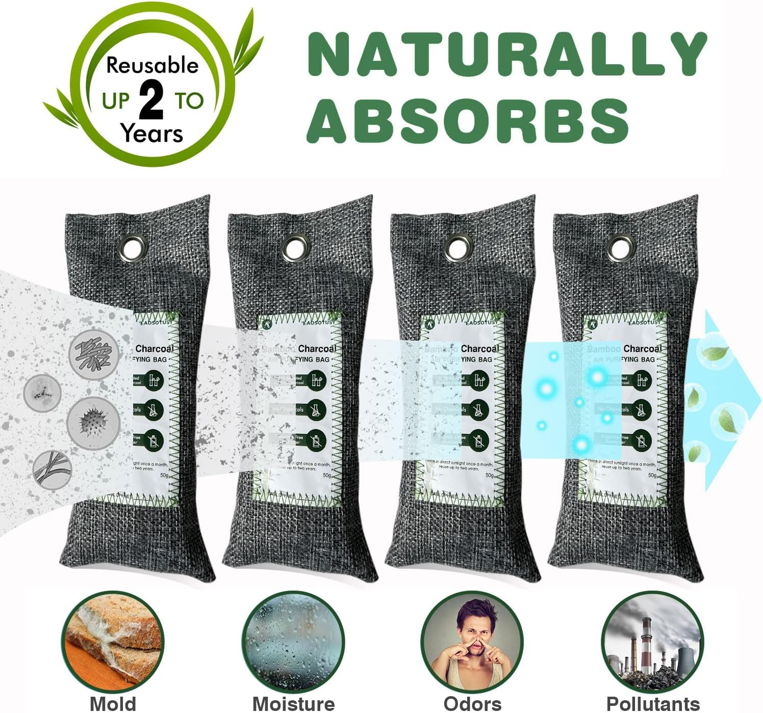 Bolsa purificadora de aire de carbón de bambú, paquete de 6, eliminador de olores para tu casillero, automóvil, armario, zapatos, baño, áreas de