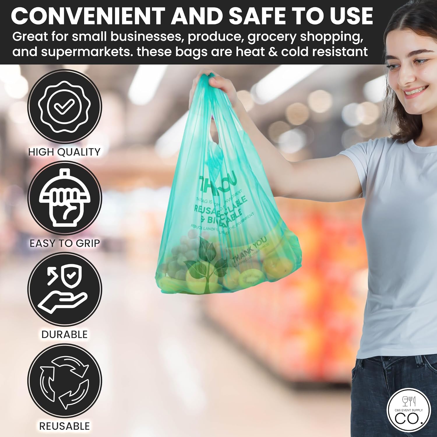 C&S Event Supply Co. Bolsa ecológica verde, bolsas de plástico con asas, bolsas de compras de plástico para comestibles, bolsas de plástico