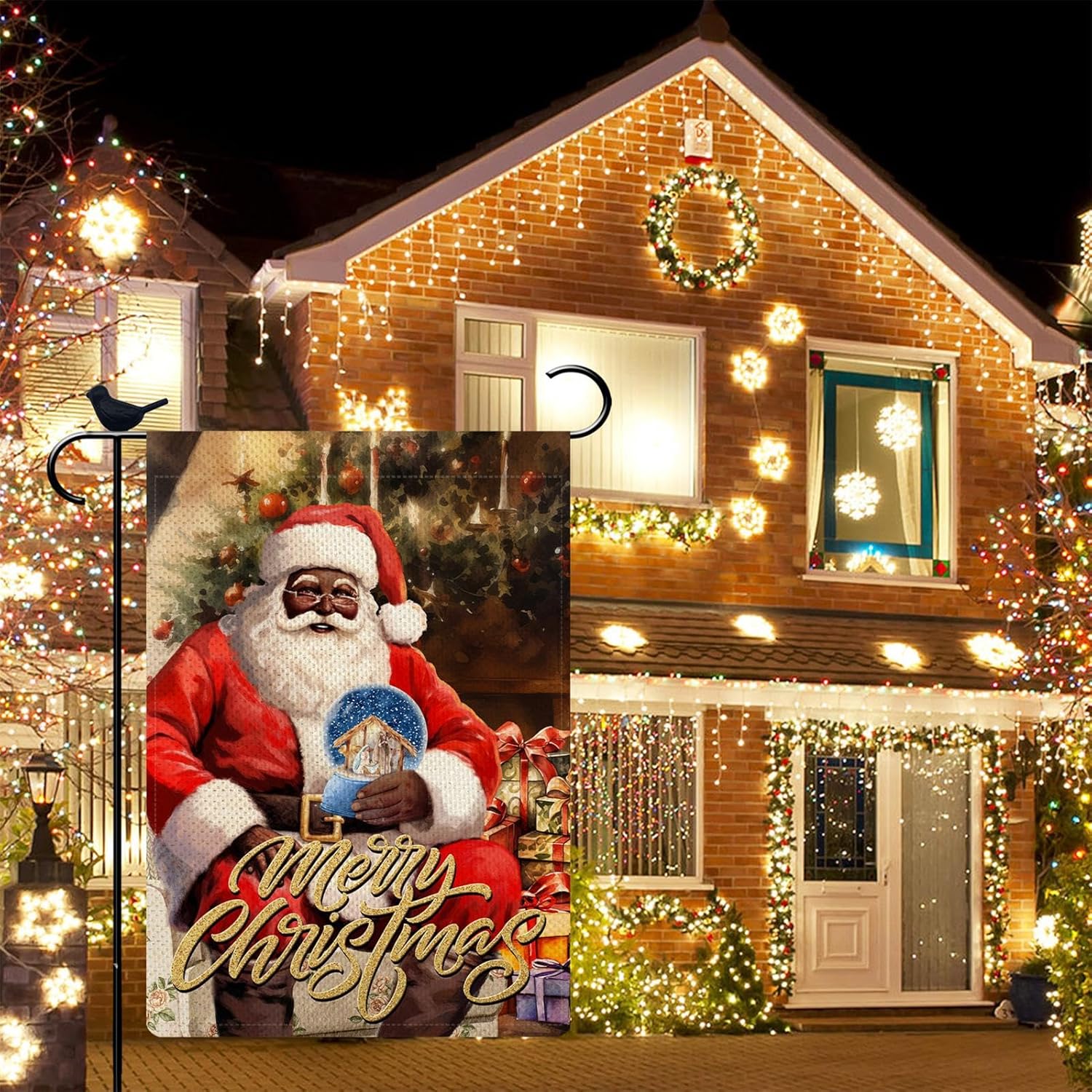 PIPISASA Decoraciones navideñas de Papá Noel negro, bandera de jardín de Feliz Navidad, 12 x 18 pulgadas, decoración de Navidad afroamericana,