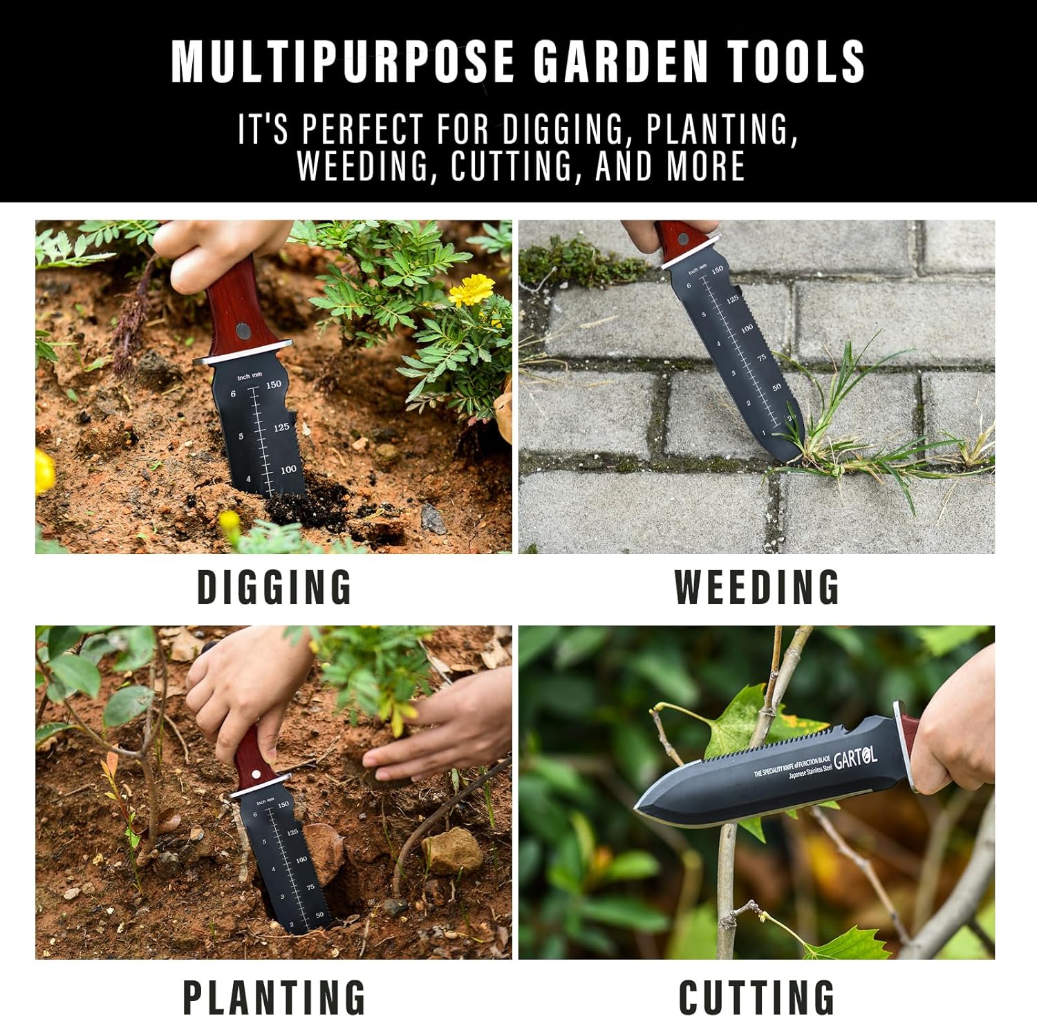 GARTOL Hori Hori – Cuchillo de jardín, herramientas de jardín con funda para deshierbar, excavar, cortar y plantar, con hoja de acero inoxidable de