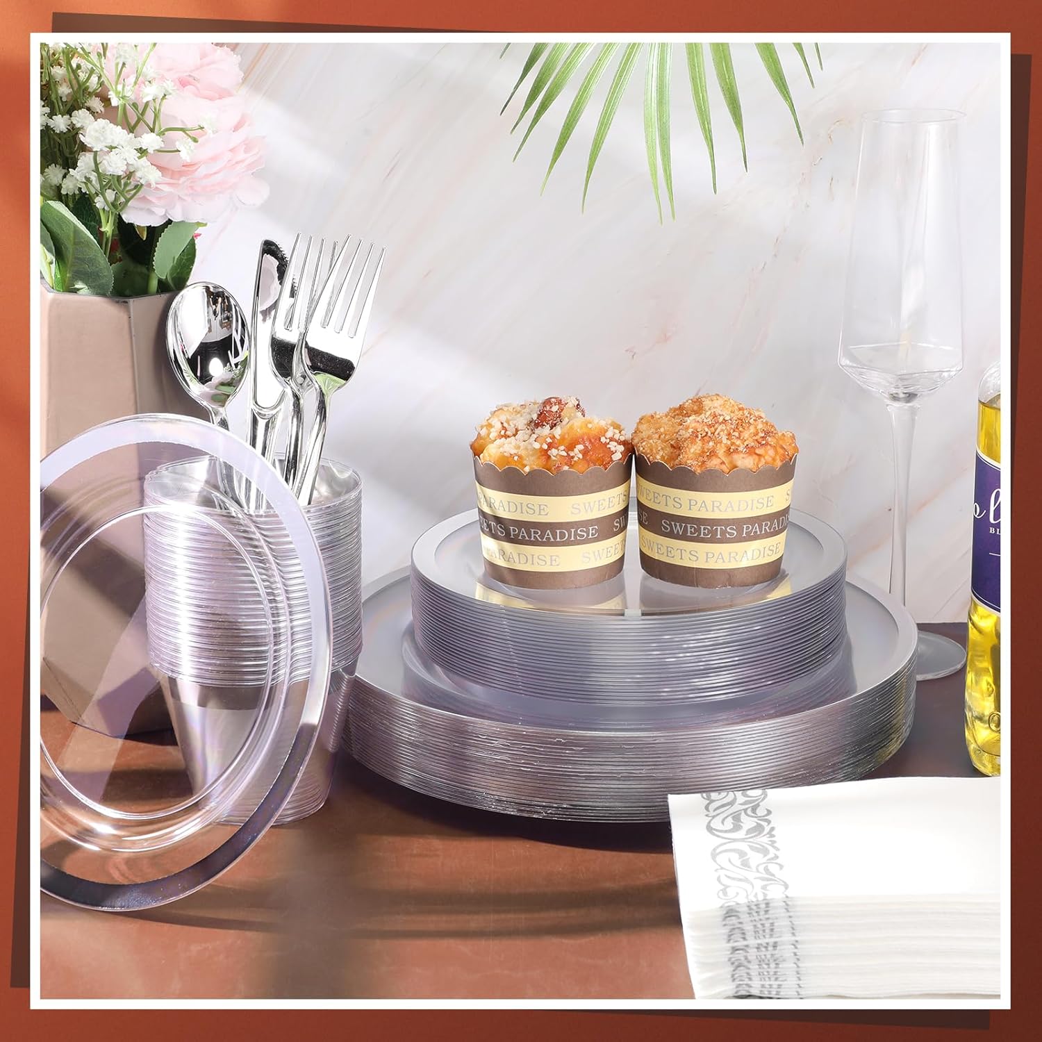 Juego de 225 platos de plástico transparente con borde para fiesta, vajilla desechable para 25 invitados, platos de plástico para fiestas,