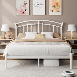 iPormis Base de cama de metal tamaño Queen con cabecera moderna de hierro artísticosoporte de listones de acero resistentealmacenamiento debajo de iPormis Base de cama de metal tamaño Queen con cabecera moderna de hierro artísticosoporte de listones de acero resistentealmacenamiento debajo de