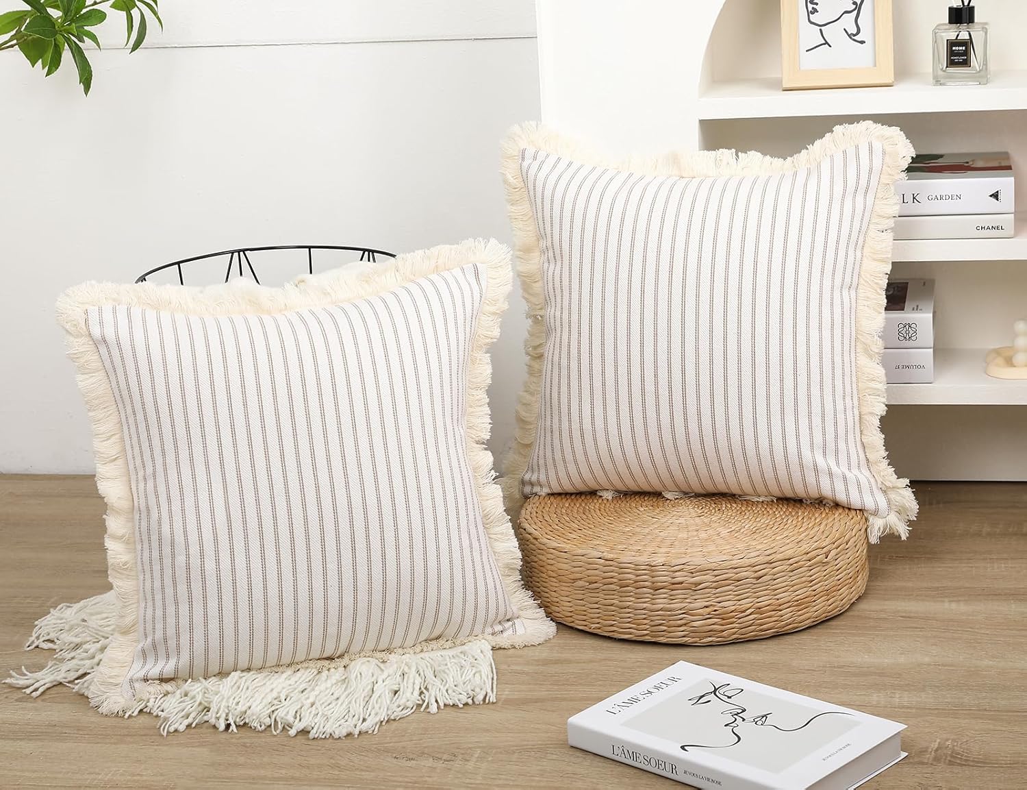 Juego de 2 fundas de almohada bohemias de color caqui de 22 x 22 pulgadas, almohada neutra de algodón con flecos de borlas, funda de cojín