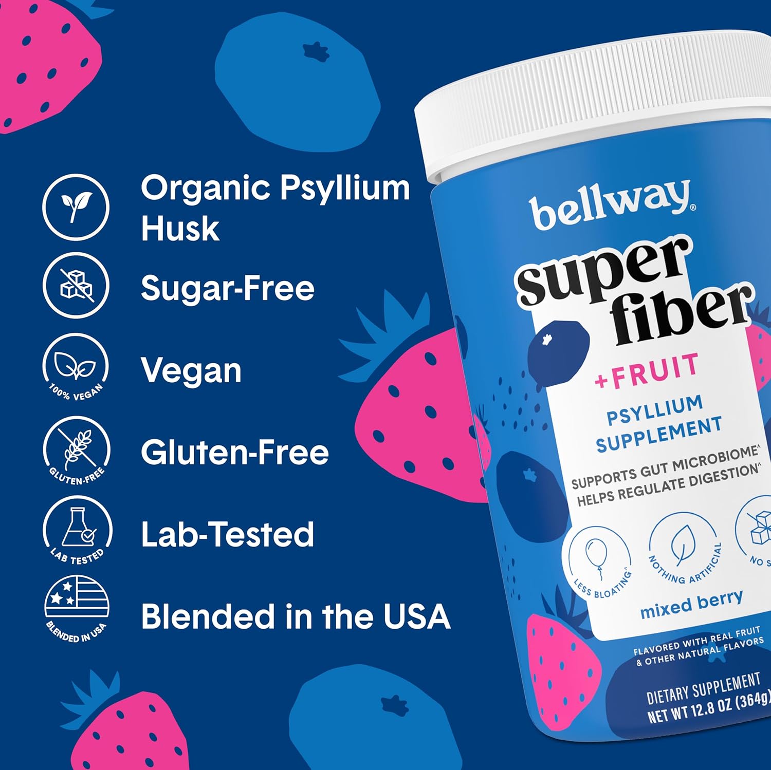 Bellway Polvo súper fibra + fruta (paquete de 5), suplemento de fibra en polvo de cáscara de psyllium orgánica sin azúcar para regularidad, alivio