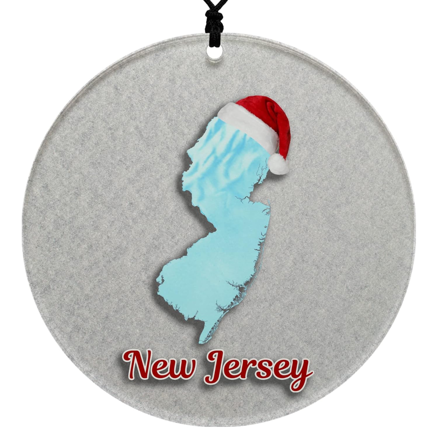 New Jersey Christmas Ornament – Winter Theme Featuring Snow, State Terrain Map and Santa Cap – 2024 Acrylic Tree Decoration – Holiday Gift and Home