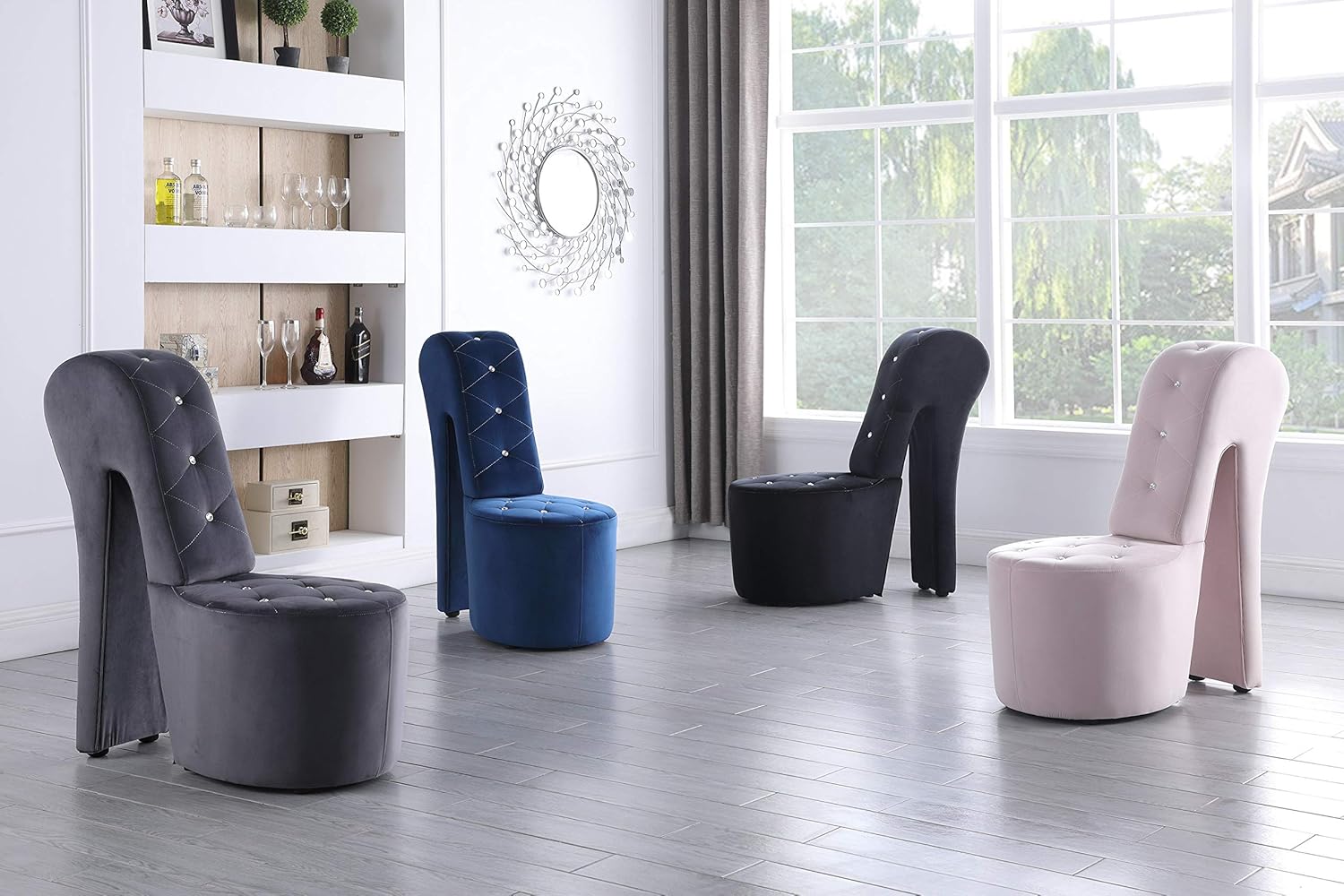 Best Master Furniture Silla de zapatos de terciopelo de tacón alto con tachuelas de cristal, gris