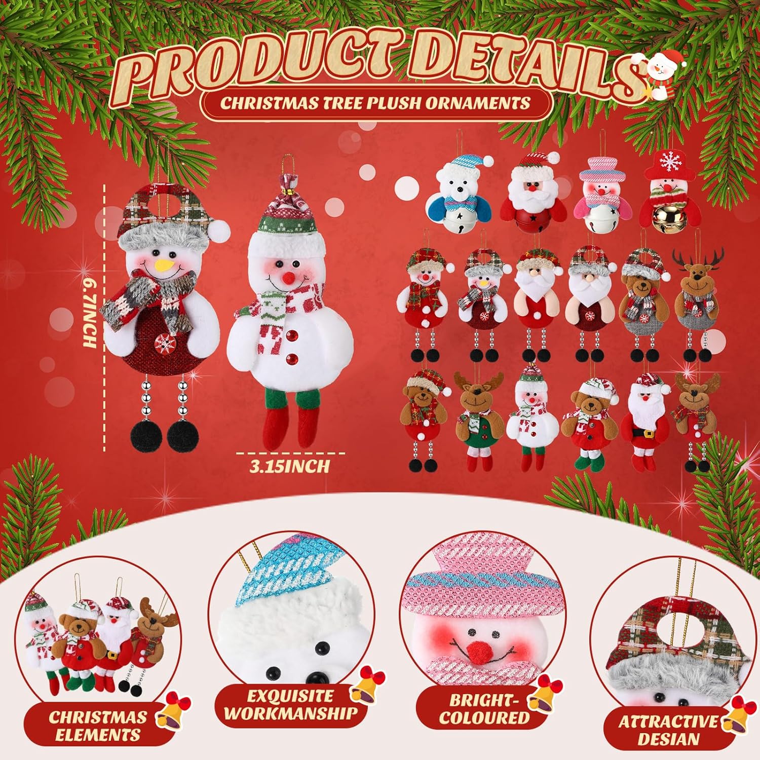 Skylety 16 piezas de decoraciones de árbol de Navidad, de peluche, oso de Papá Noel, colgantes de árbol de Navidad, alce, muñeco de nieve, campana,