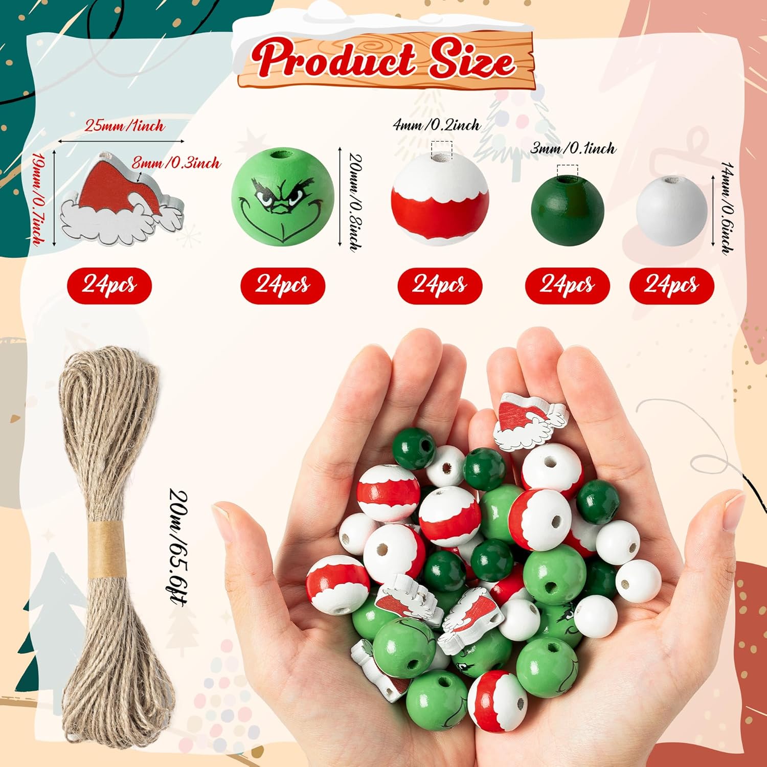 Eartim 121 cuentas de madera de Navidad, rojo y verde, sombrero de Papá Noel, cuentas redondas rústicas de madera de granja con cordel de 65.6 pies,