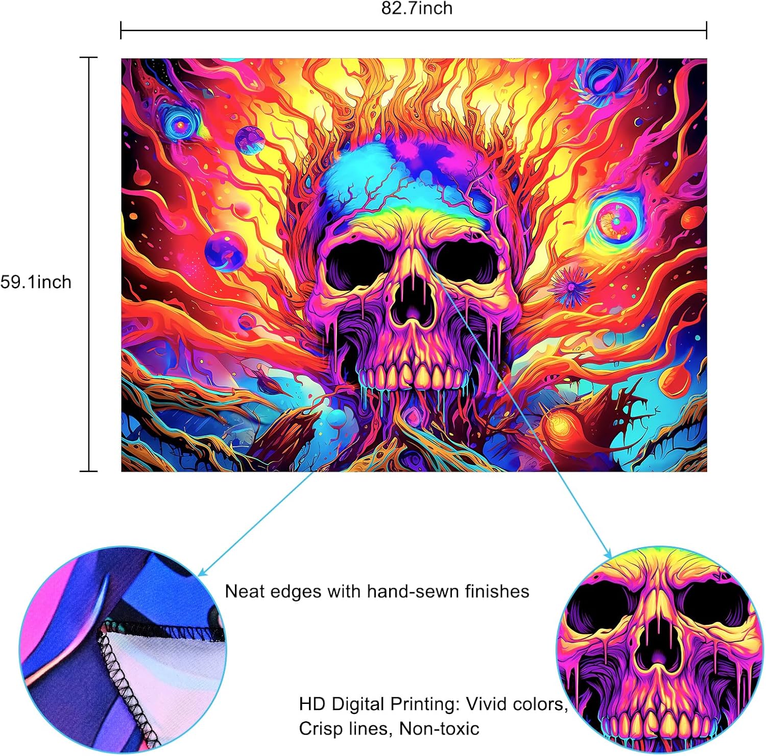 Uspring Tapiz de calavera con luz negra, coloridos llamas, tapices de ramas de árbol de Halloween, tapiz que brilla en la oscuridad, tapiz estético
