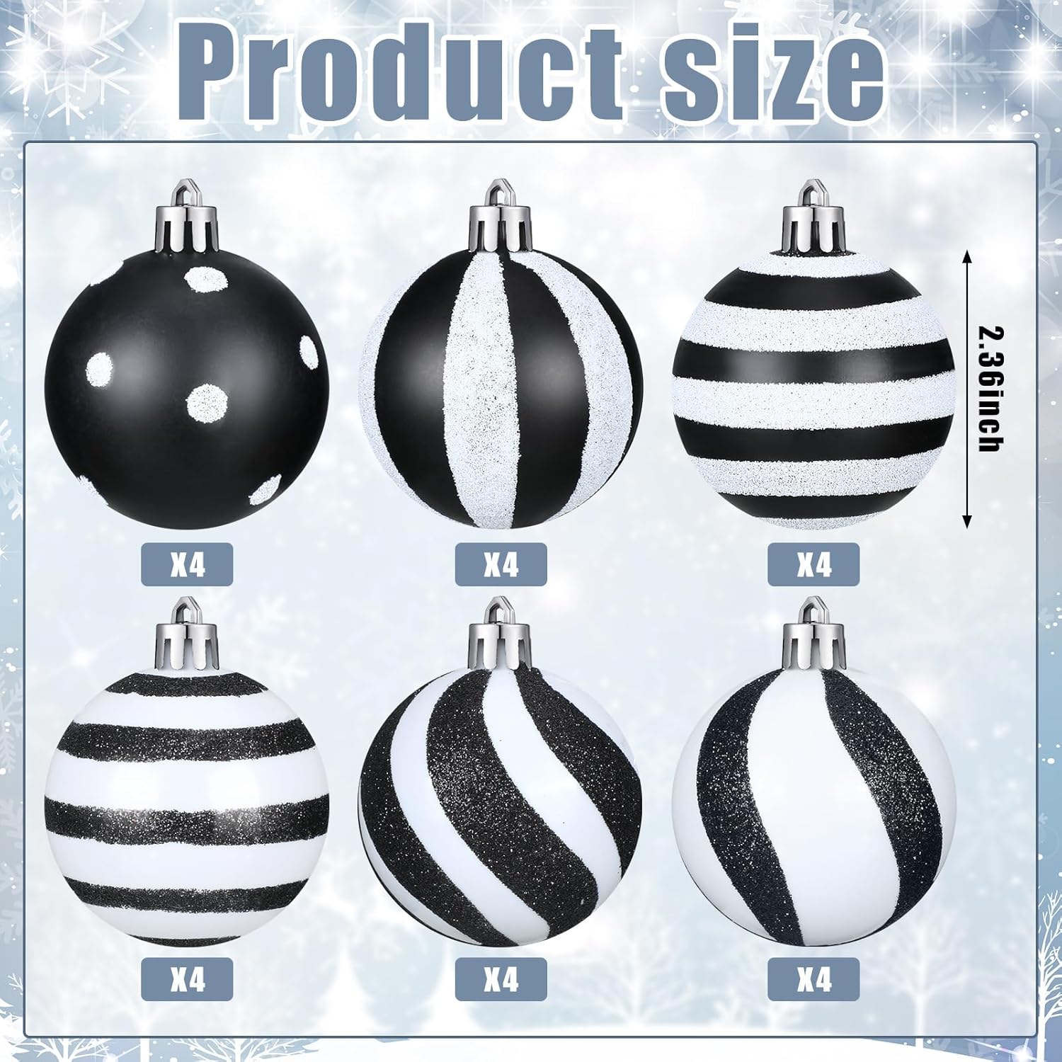 24 bolas de Navidad en blanco y negro de 2.36 pulgadas, diseño de rayas de punto, esferas de Navidad colgantes de plástico negro, adornos de Navidad