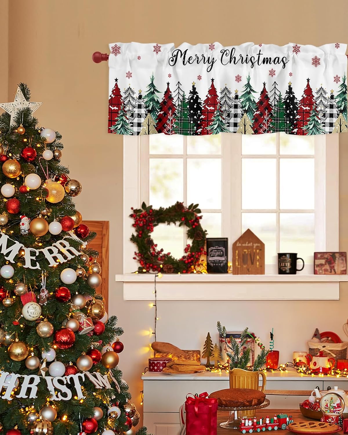 Cortinas de cenefas de Feliz Navidad para cocina, rojo, verde, negro, búfalo, árbol de Navidad, copos de nieve, cenefa de cocina blanca, cortinas