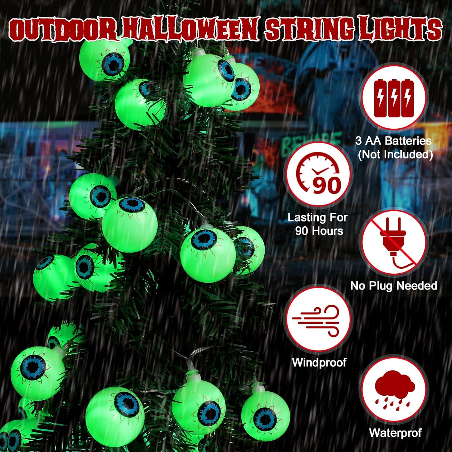 Decoraciones de Halloween de 19.7 pies, 40 luces LED de globo ocular con temporizador remoto funciona con pilas, 8 modos de luz, decoración de