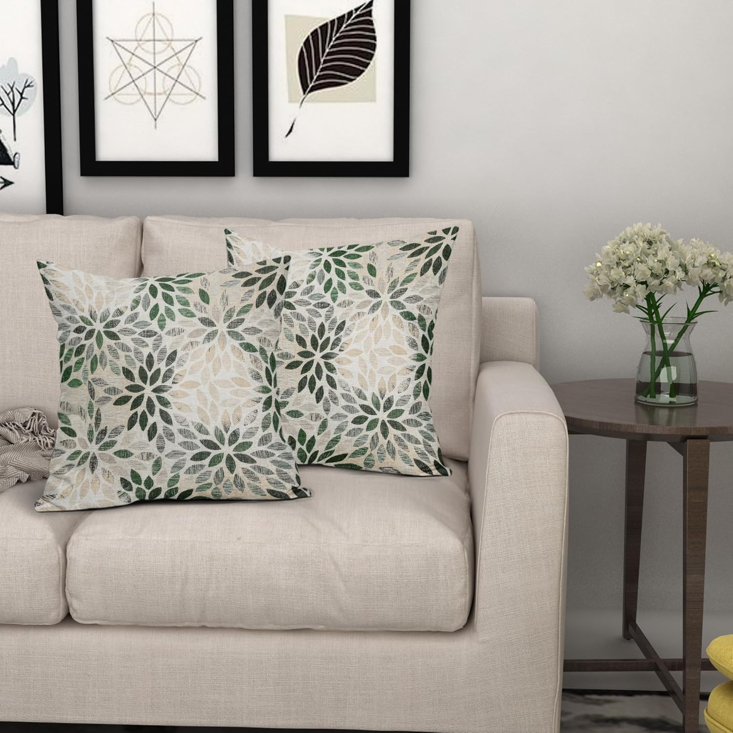 Juego de 2 fundas de almohada de dalia verde de 18 x 18 pulgadas, fundas de almohada cuadradas decorativas de flores geométricas rústicas, fundas de