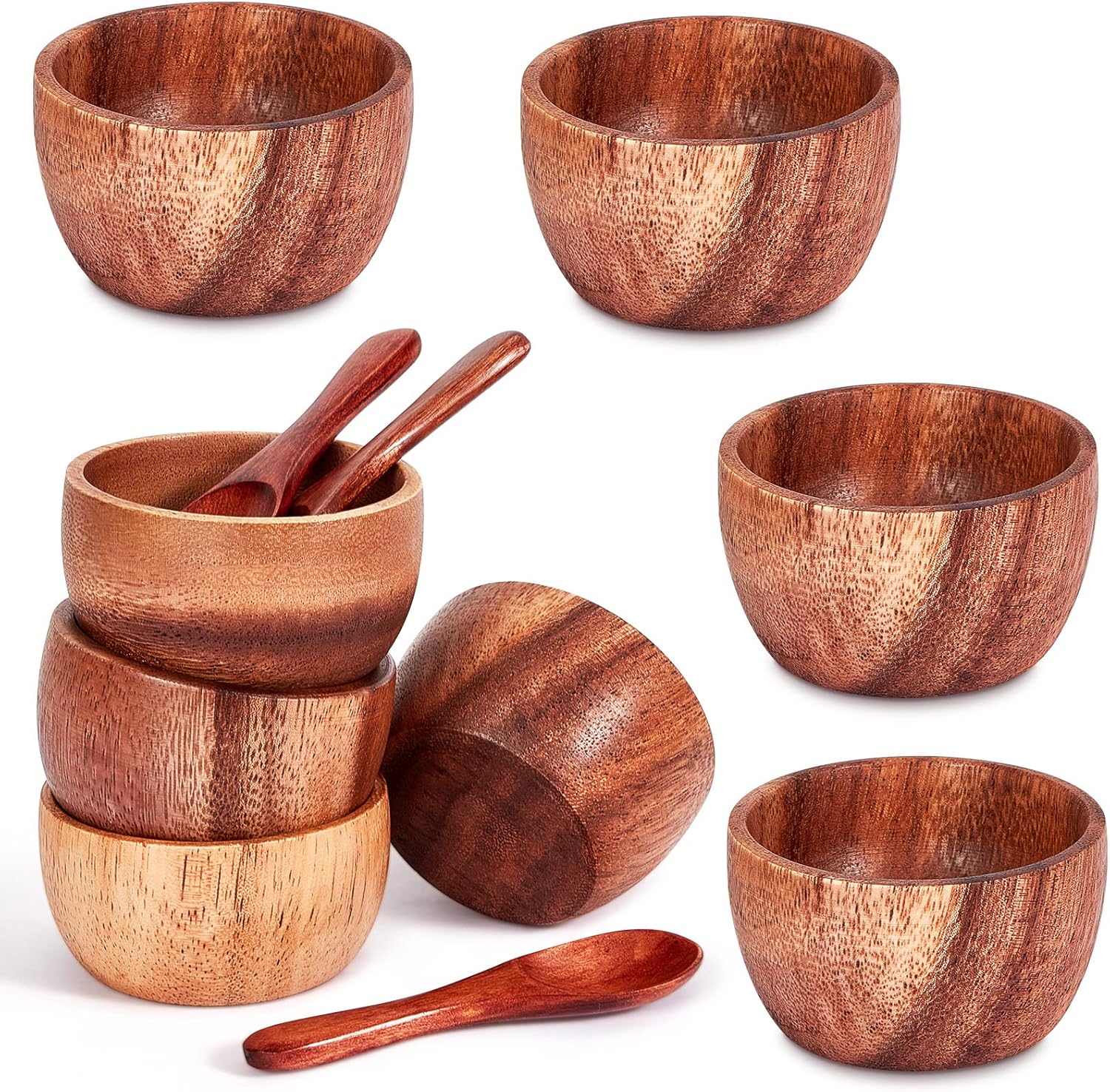 Didaey 8 cuencos pequeños de madera para salsas, nueces, salsa de tomate y hierbas, de 2.8 x 1.6 pulgadas, con 8 cucharas de madera para ensaladera,