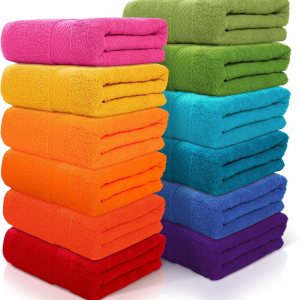 Newwiee Paquete de 12 toallas de baño de algodón, 28 x 55 pulgadas, coloridas de gran tamaño, suaves y absorbentes, ligeras, de secado rápido, a Newwiee Paquete de 12 toallas de baño de algodón, 28 x 55 pulgadas, coloridas de gran tamaño, suaves y absorbentes, ligeras, de secado rápido, a