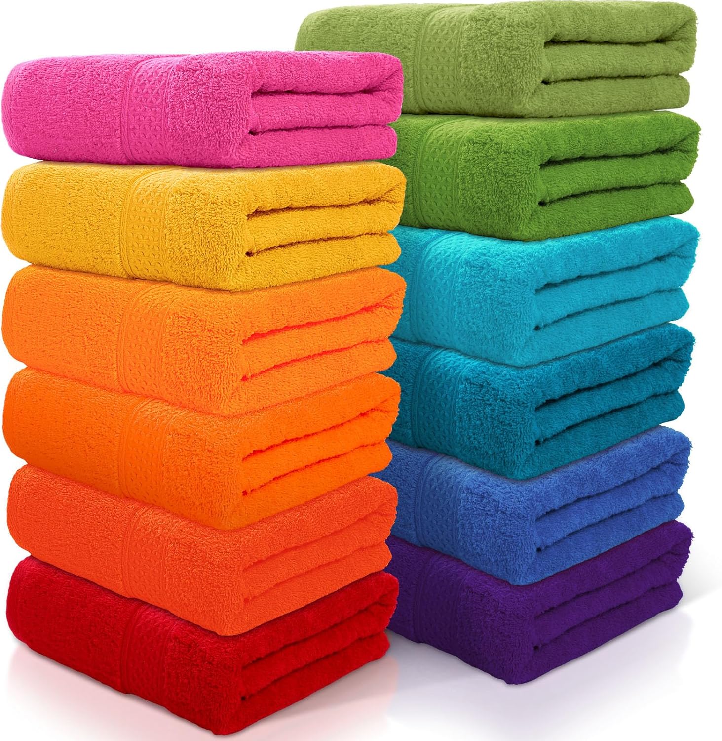Newwiee Paquete de 12 toallas de baño de algodón, 28 x 55 pulgadas, coloridas de gran tamaño, suaves y absorbentes, ligeras, de secado rápido, a