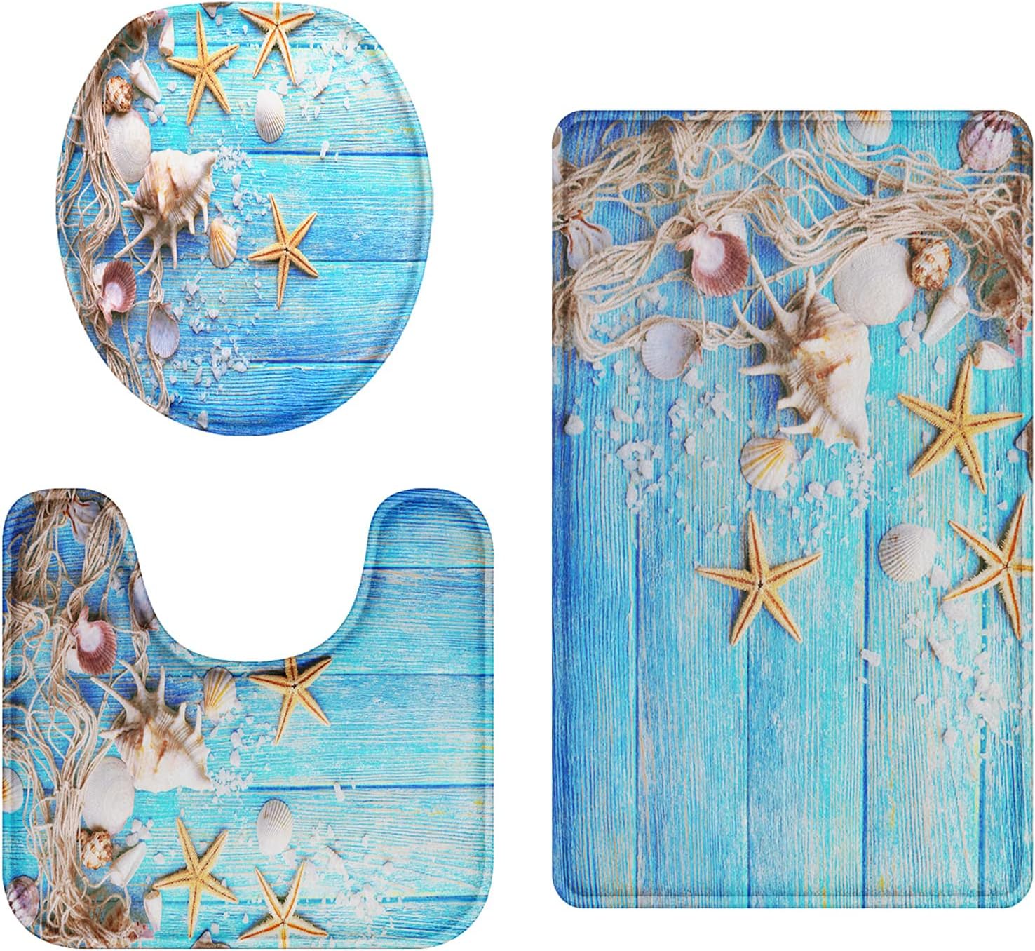 Britimes Juego de 3 tapetes de baño para baño, serie playa, conchas azules, antideslizantes, cubierta lavable, decoración para cocina, baño,